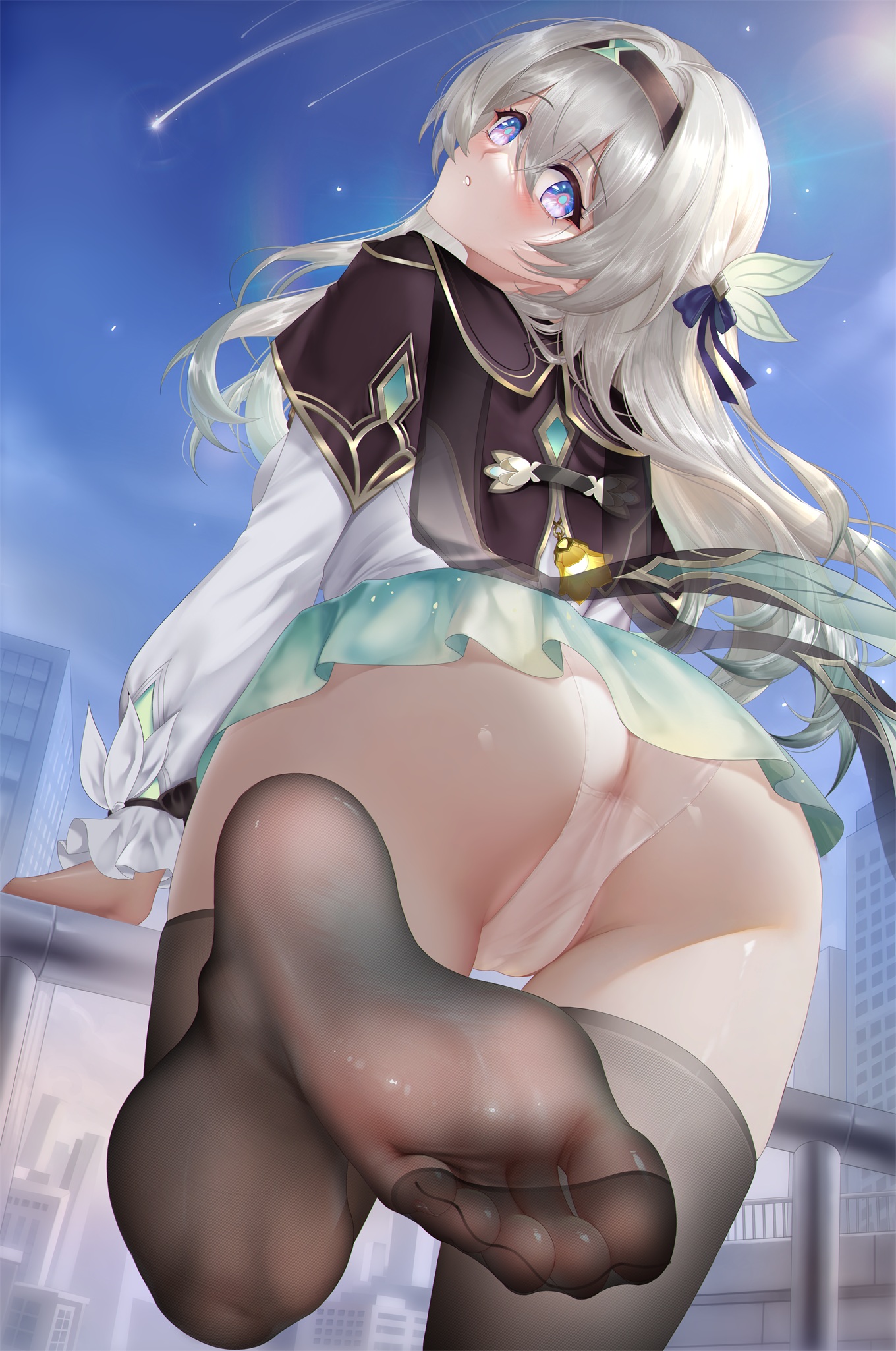 kamue, firefly (honkai: star rail), honkai: star rail, honkai (series), commentary request, highres, 1girl, aqua skirt, ass, black capelet, black hairband, black thighhighs, blue sky, blush, cameltoe, capelet, cityscape, feet, foot focus, from behind, gradient eyes, gradient hair, green pupils, grey hair, hair between eyes, hair ornament, hairband, hand on railing, high heels, leg up, long hair, long sleeves, looking at viewer, looking back, multicolored eyes, multicolored hair, no shoes, panties, parted lips, purple eyes, railing, shirt, skirt, sky, soles, solo, thighhighs, thighs, toe seam, toes, two-tone eyes, underwear, white panties, white shirt