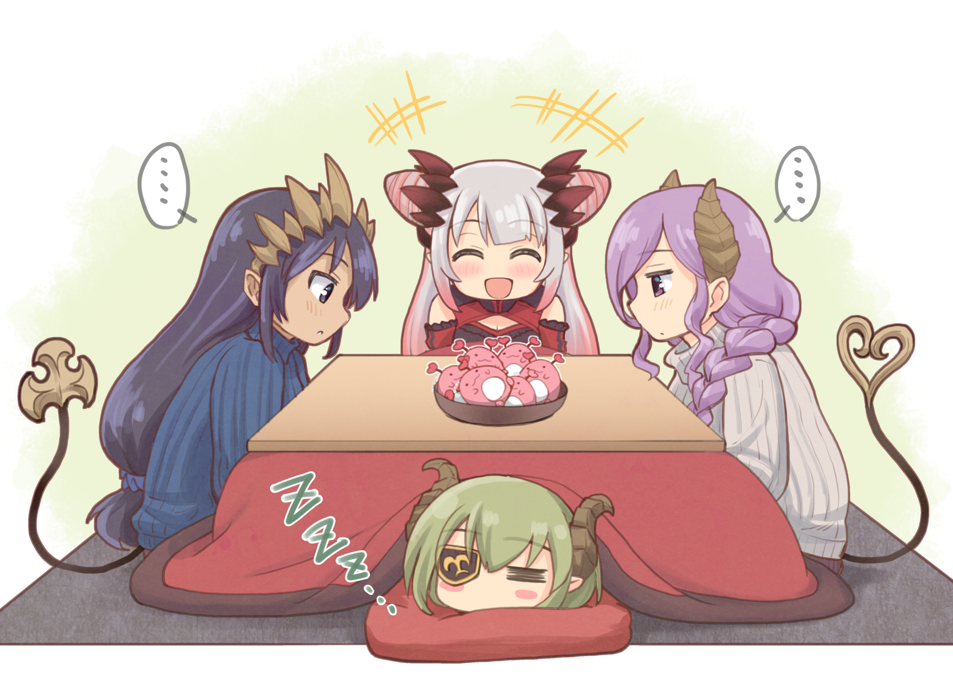 haniwa (leaf garden), kanikama (suou patra), saionji mary, sekishiro mico, shimamura charlotte, suou patra, suou patra (2nd costume), nanashi inc., commentary request, highres, …, 4girls, black hair, blue sweater, braid, braided ponytail, brown horns, cone hair bun, dark-skinned female, dark skin, deformed, demon girl, demon horns, demon tail, double-parted bangs, double bun, eyepatch, gradient hair, green hair, grey hair, hair bun, honey strap, horns, kotatsu, long hair, long sidelocks, long sleeves, low-tied long hair, multicolored hair, multiple girls, pink hair, pink streaks, pointy ears, purple eyes, purple hair, ribbed sweater, short hair, side up bun, sidelocks, spiked horns, spoken ellipsis, sweater, table, tail, tail raised, turtleneck, turtleneck sweater, very long hair, virtual youtuber, white sweater