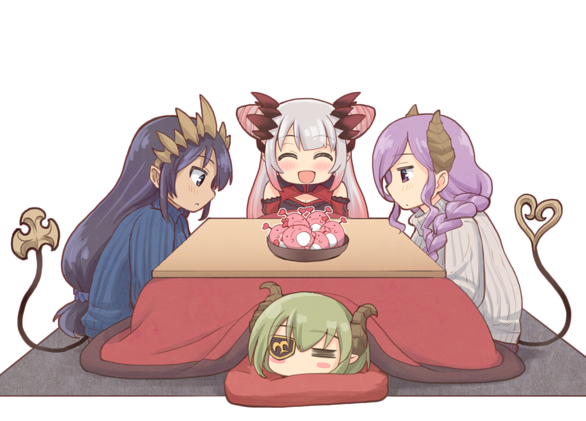 haniwa (leaf garden), kanikama (suou patra), saionji mary, sekishiro mico, shimamura charlotte, suou patra, suou patra (2nd costume), nanashi inc., commentary request, highres, …, 4girls, black hair, blue sweater, braid, braided ponytail, brown horns, cone hair bun, dark-skinned female, dark skin, deformed, demon girl, demon horns, demon tail, double-parted bangs, double bun, eyepatch, gradient hair, green hair, grey hair, hair bun, honey strap, horns, kotatsu, long hair, long sidelocks, long sleeves, low-tied long hair, multicolored hair, multiple girls, pink hair, pink streaks, pointy ears, purple eyes, purple hair, ribbed sweater, short hair, side up bun, sidelocks, simple background, spiked horns, spoken ellipsis, sweater, table, tail, tail raised, transparent background, turtleneck, turtleneck sweater, very long hair, virtual youtuber, white sweater