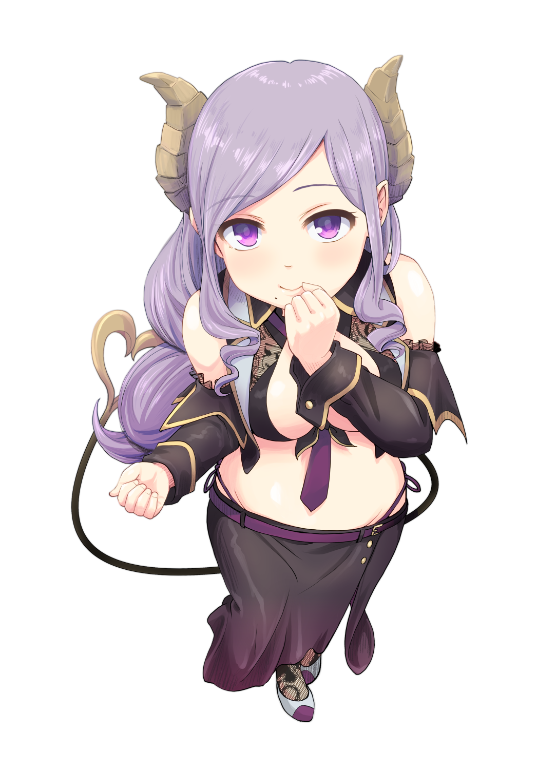haniwa (leaf garden), saionji mary, saionji mary (1st costume), nanashi inc., commentary request, highres, 1girl, bare shoulders, belt, between breasts, black skirt, black sleeves, black socks, black vest, blush, breasts, brown horns, button up skirt, clenched hands, closed mouth, colored shoe soles, crop top, cropped vest, demon girl, demon horns, demon tail, detached sleeves, from above, front-tie bra, gold trim, hand up, high heels, horns, lace-trimmed sleeves, lace socks, lace trim, lapels, long hair, long sidelocks, long skirt, long sleeves, looking at viewer, lowleg, lowleg skirt, mole, mole under mouth, nail polish, necktie, necktie between breasts, notched lapels, open clothes, open vest, panties, panty straps, parted bangs, pointy ears, pumps, purple belt, purple eyes, purple hair, purple necktie, purple panties, shoes, side-tie panties, side slit, sidelocks, simple background, skirt, smile, socks, solo, swept bangs, tail, transparent background, underwear, vest, virtual youtuber, white shoes