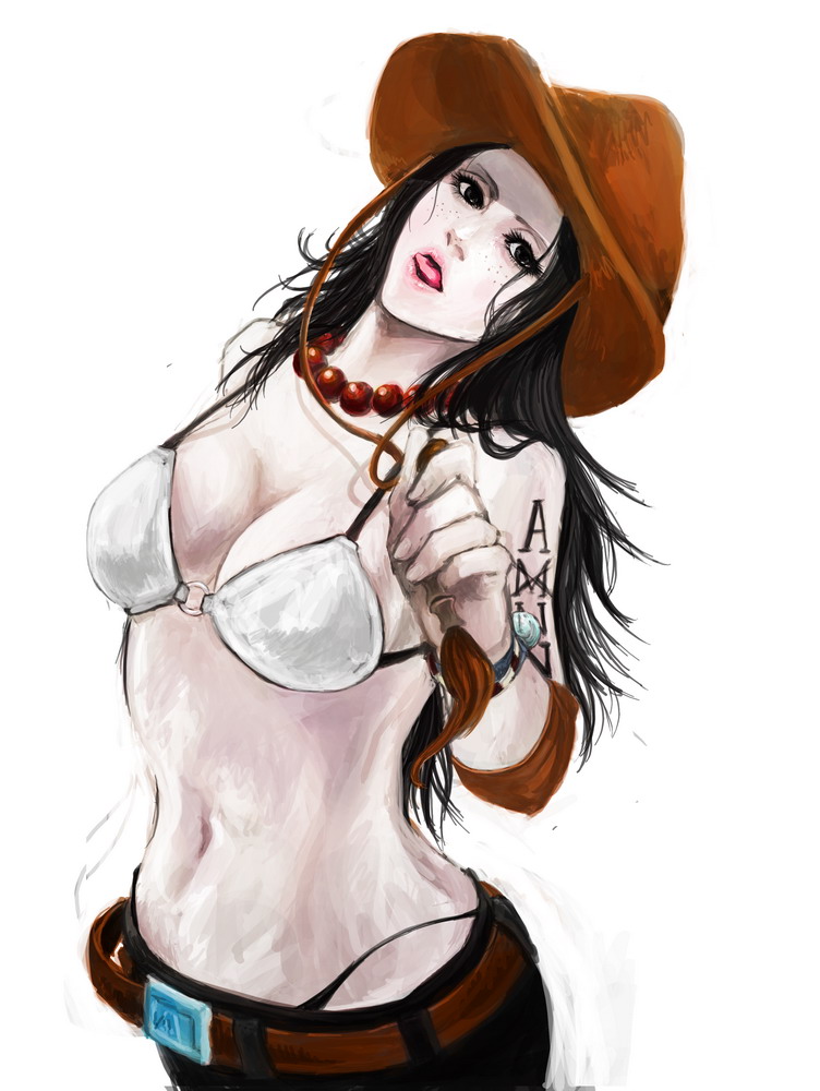 mak (kainemaru), portgas d. ace, portgas d. anne, one piece, 1girl, belt, bikini, black hair, female focus, freckles, genderswap, genderswap (mtf), hat, jewelry, long hair, midriff, necklace, pale skin, pirate, realistic, simple background, solo, stampede string, standing, swimsuit, tattoo, tongue