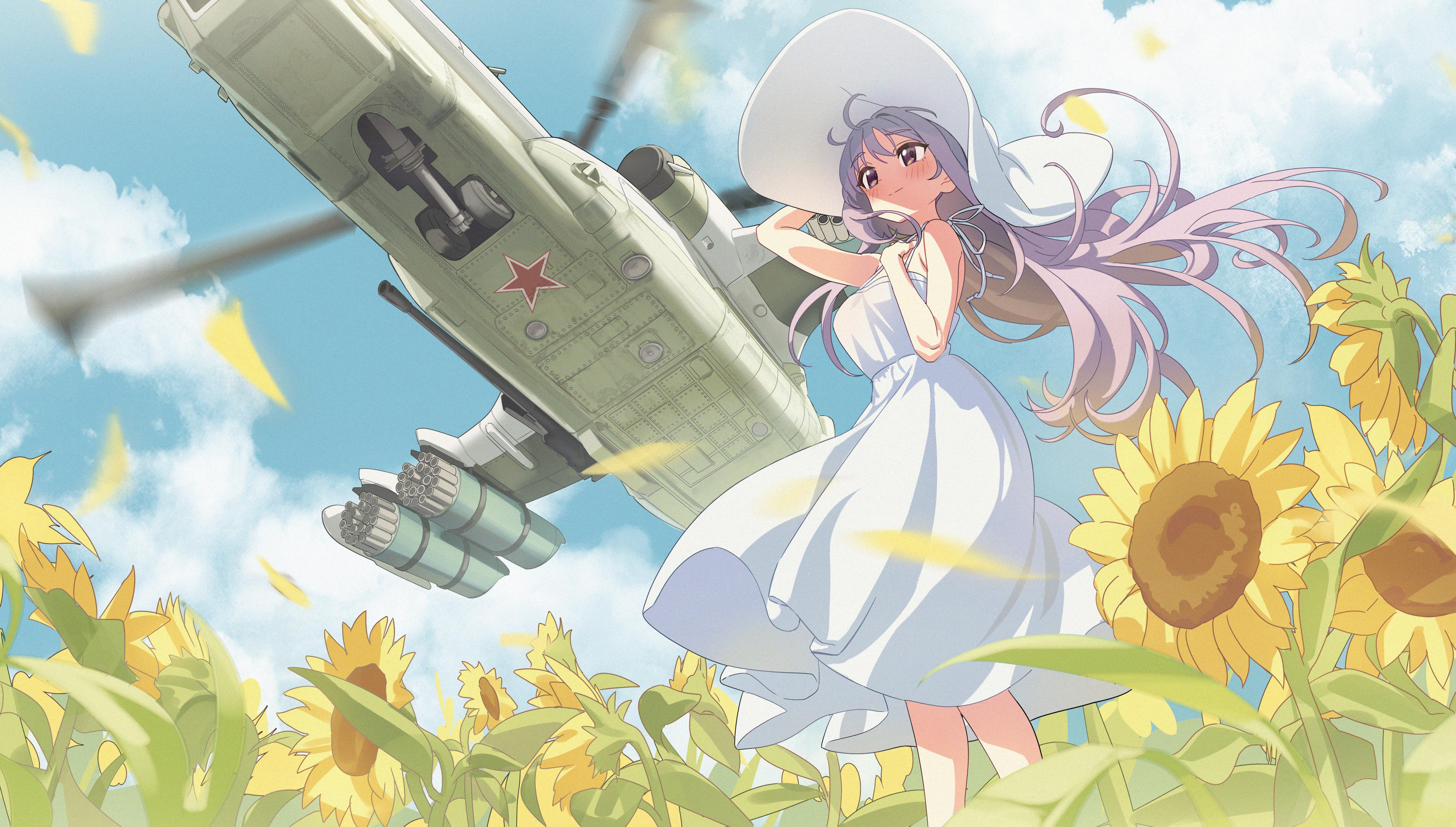 bypos, original, absurdres, commentary request, highres, 1girl, aircraft, attack helicopter, blue sky, brown eyes, cannon, cloud, day, dress, field, floating hair, flower, flower field, hand on headwear, hand on own chest, hat, helicopter, kamov ka-50, long hair, military vehicle, missile pod, outdoors, purple hair, sky, solo, sun hat, sundress, sunflower, sunflower field, white dress, white hat