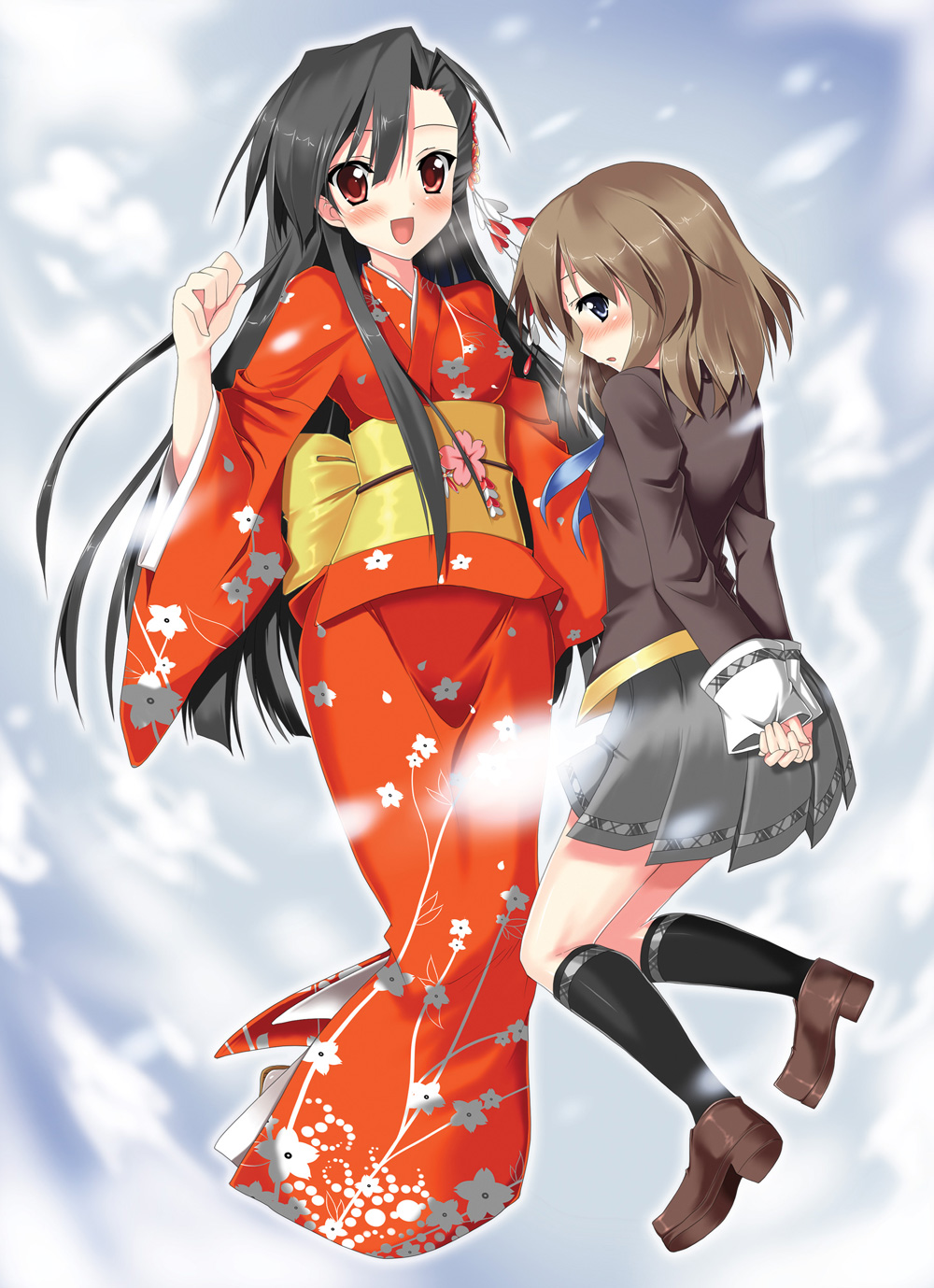 piromizu, itabasi reika, yui (piromizu), original, yui no kotonoha, highres, 2girls, black hair, blue eyes, blush, brown hair, hair ornament, japanese clothes, kimono, kneehighs, long hair, multiple girls, open mouth, red eyes, school uniform, serafuku, short hair, smile, socks