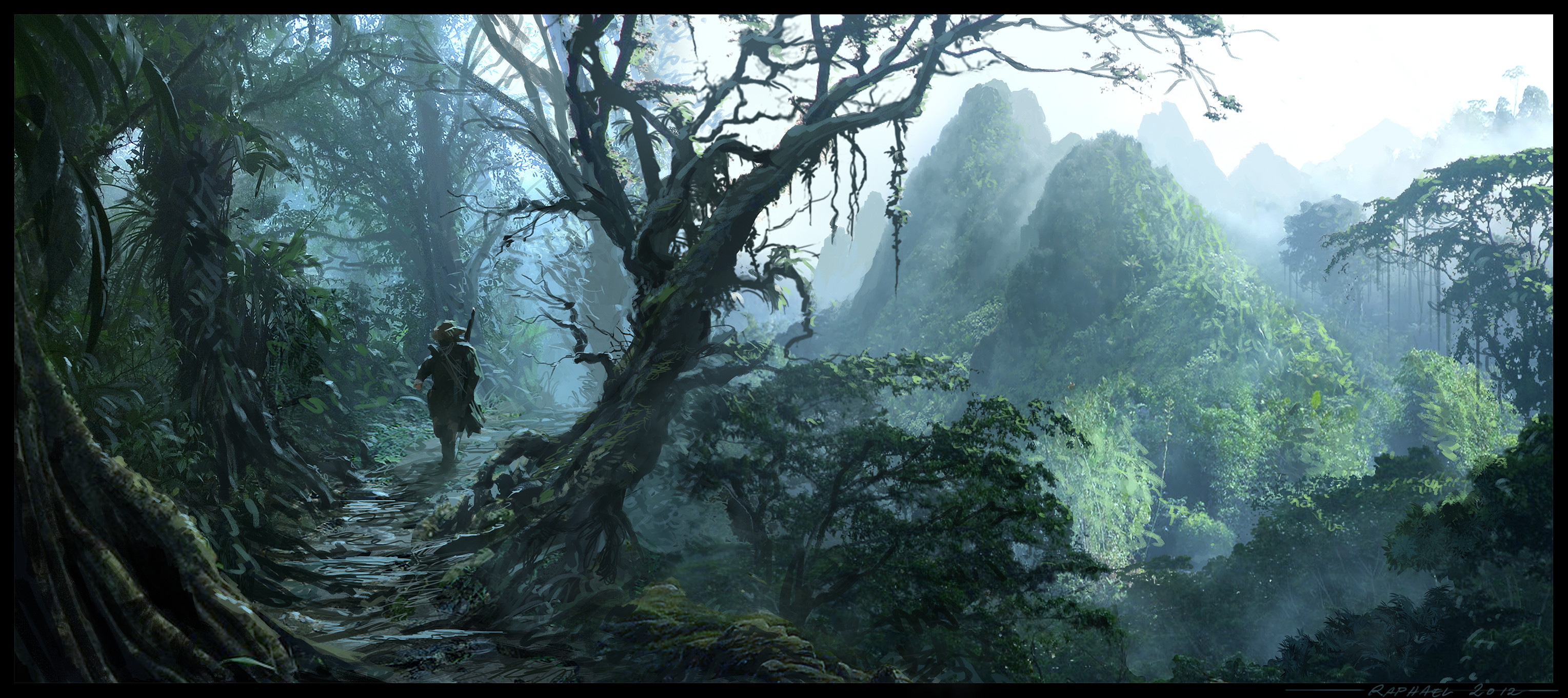 raphael-lacoste, original, commentary, english commentary, highres, 1boy, bare tree, cloud, cloudy sky, facing viewer, green theme, jungle, landscape, leaf, mountain, mountainous horizon, nature, outdoors, painterly, path, plant, road, scenery, signature, sky, tree, vines, walking