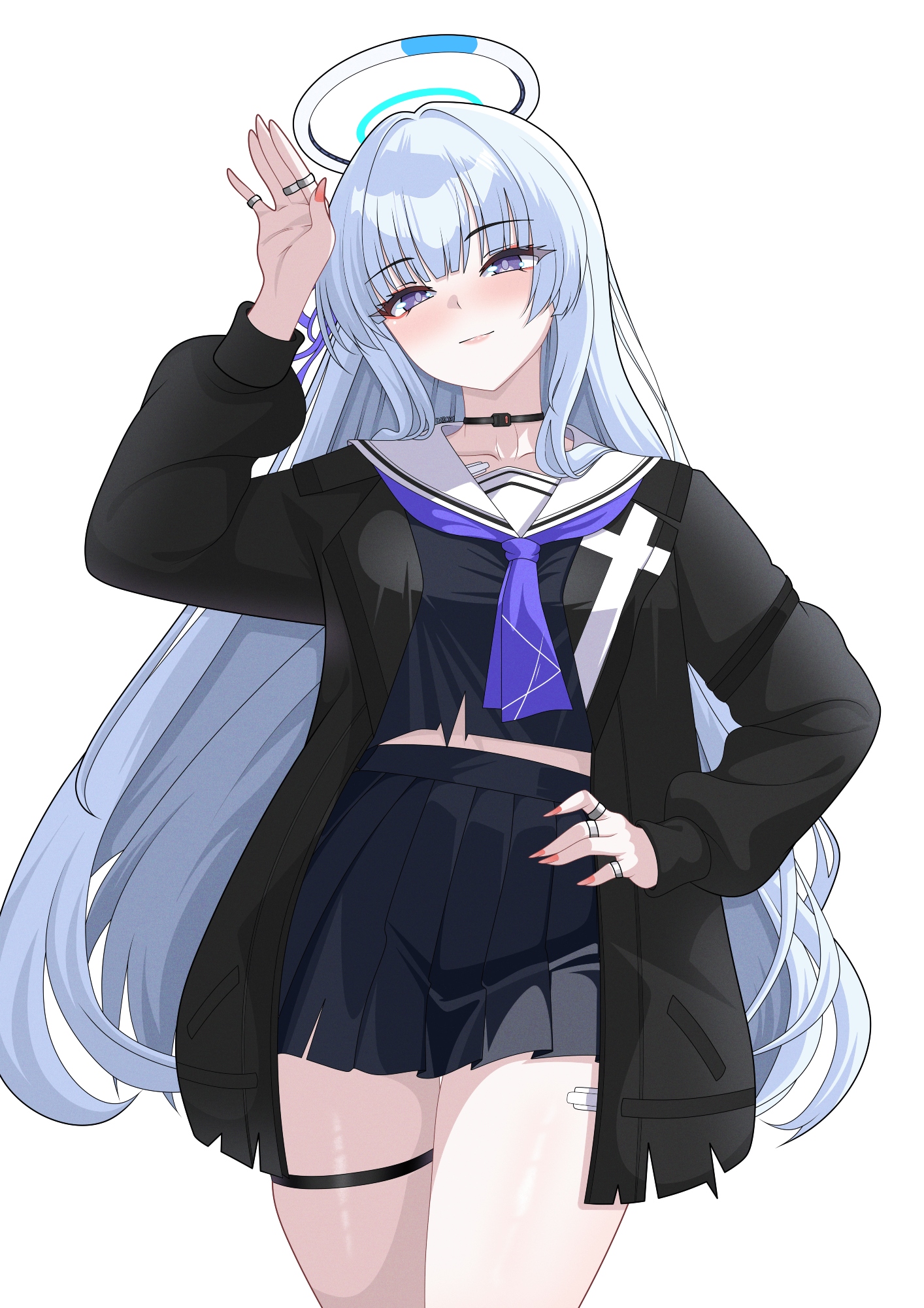 hazaky, chisa (wuthering waves), noa (blue archive), blue archive, wuthering waves, commentary, english commentary, highres, 1girl, arm up, bandaid, black choker, black jacket, black serafuku, black shirt, black skirt, blue hair, blush, breasts, chisa (wuthering waves) (cosplay), choker, closed mouth, collarbone, cosplay, cowboy shot, fingernails, hair intakes, hair ribbon, halo, hand on own hip, jacket, jewelry, large breasts, long fingernails, long hair, looking at viewer, mechanical halo, multiple rings, neckerchief, pleated skirt, purple eyes, purple neckerchief, purple ribbon, ribbon, ring, sailor collar, school uniform, serafuku, shirt, simple background, skirt, smile, solo, thigh strap, thighs, very long hair, white background, white halo, white sailor collar