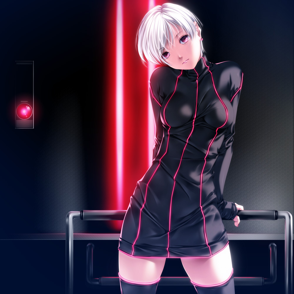 rezi, hal 9000, 2001 a space odyssey, 1girl, black thighhighs, dress, earrings, female focus, head tilt, indoors, jewelry, looking at viewer, neon trim, personification, red eyes, science fiction, serious, short dress, short hair, solo, thighhighs, white hair, zettai ryouiki