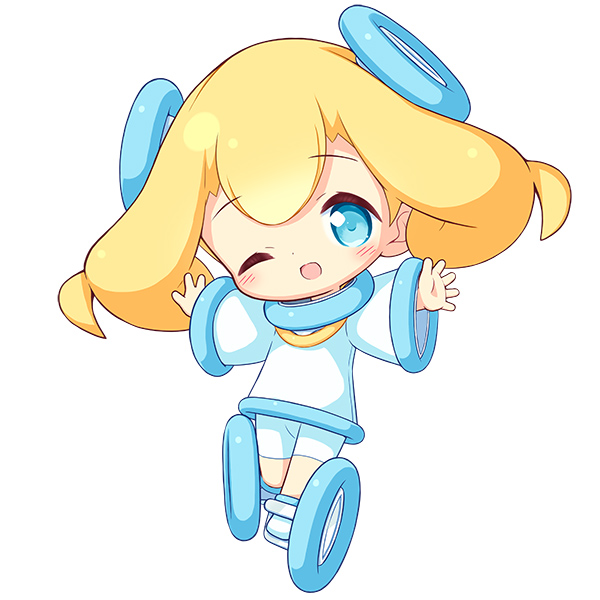 aikei ake, original, commentary request, 1girl, ;d, blonde hair, blue eyes, blue shoes, blush, chibi, full body, long hair, long sleeves, one eye closed, open mouth, personification, shirt, shoes, shorts, simple background, smile, solo, white background, white shirt, white shorts, wide sleeves