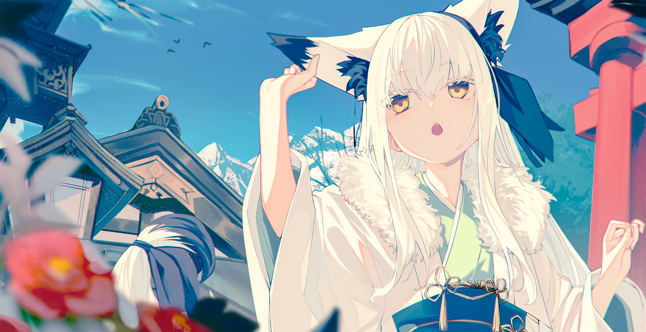 nagishiro mito, original, commentary request, highres, 1girl, agemaki knot, ahoge, animal ear fluff, animal ears, architecture, bird, black sash, black tail, camellia, crossed bangs, ear ornament, east asian architecture, extra ears, flower, fox ears, fox girl, fox tail, fur-trimmed kimono, fur trim, green kimono, haori, japanese clothes, kimono, long hair, looking up, mountain, multicolored tail, obi, open mouth, outdoors, sash, shrine, sidelocks, sky, solo, tail, torii, upper body, white hair, white haori, white tail, yellow eyes