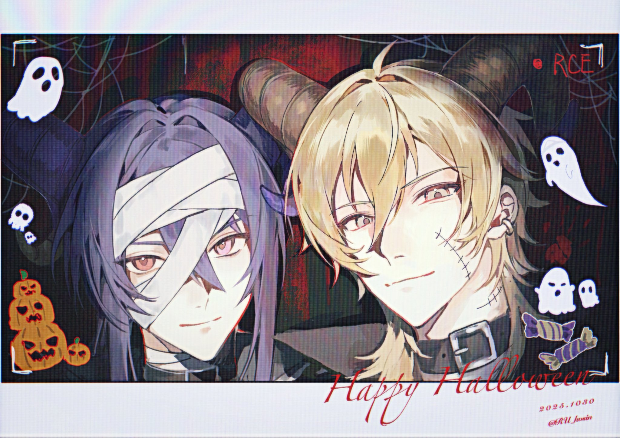 ru kosin, hakaze kaoru, kanzaki souma, ensemble stars!, commentary request, highres, 2boys, ahoge, alternate eye color, bandaged head, bandages, belt collar, black collar, blonde hair, candy, chromatic aberration, closed mouth, collar, dated, demon horns, double-parted bangs, food, grey eyes, hair between eyes, hair intakes, halloween costume, happy halloween, horns, jack-o'-lantern, long hair, looking at viewer, male focus, multiple boys, outline, ponytail, popped collar, purple hair, red eyes, scanlines, sheep horns, sheet ghost, sidelocks, silk, smirk, spider web, stitched face, stitched neck, stitches, twitter username, viewfinder, white outline, wolf cut, wrapped candy