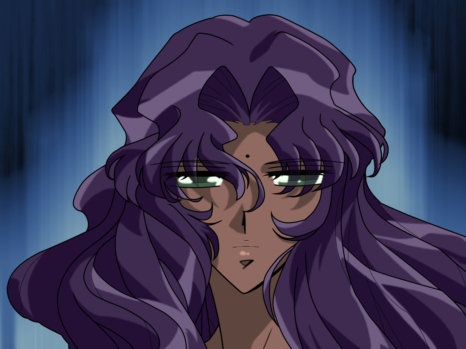himemiya anthy, shoujo kakumei utena, derivative work, highres, vector trace, 1990s (style), dark skin, green eyes, purple hair, retro artstyle