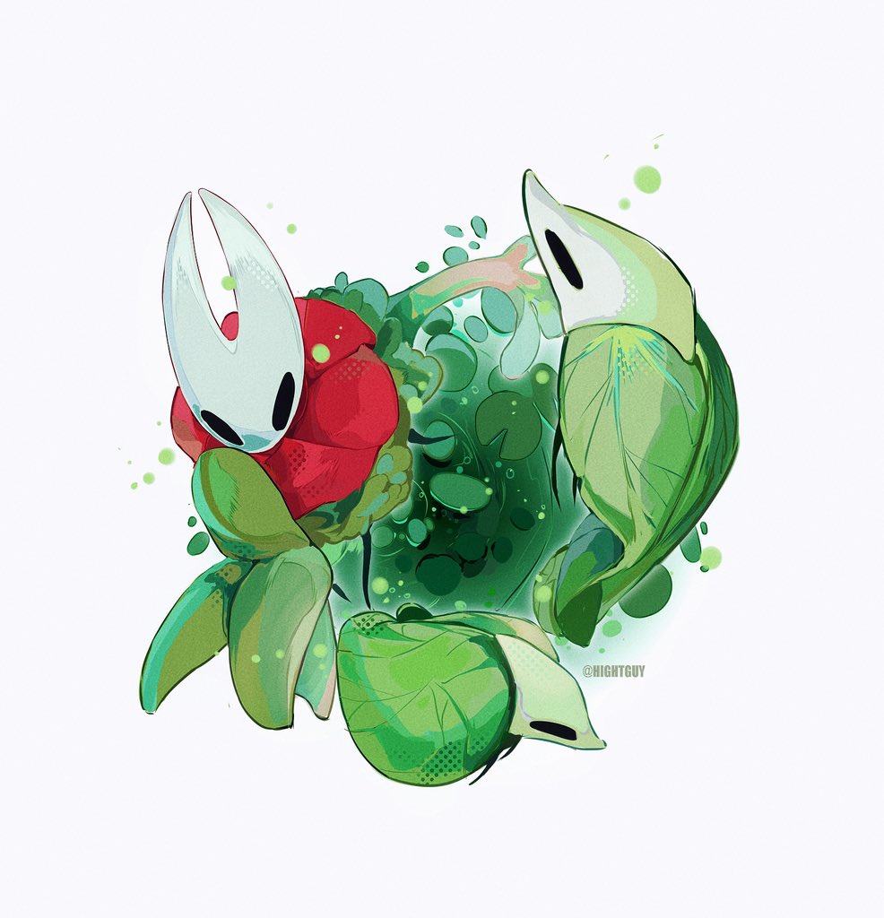 hightguy, hornet (hollow knight), leaf glider (hollow knight), hollow knight, hollow knight: silksong, commentary, symbol-only commentary, 1girl, artist name, ben-day dots, black eyes, cloak, flying, from above, green water, horns, horseback riding, lily pad, palestag (hollow knight), plant, red cloak, riding, screentones, water, white background