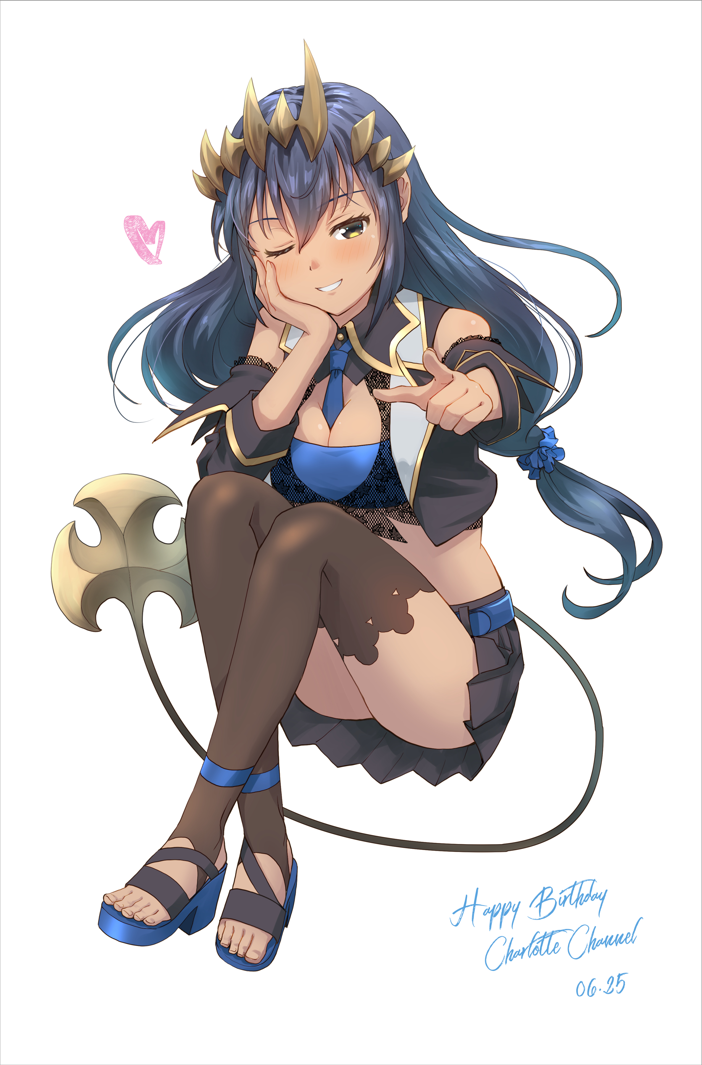 haniwa (leaf garden), shimamura charlotte, shimamura charlotte (1st costume), nanashi inc., absurdres, commentary request, highres, 1girl, ;d, asymmetrical horns, bandeau, between breasts, black collar, black hair, black shirt, black skirt, black sleeves, black thighhighs, black vest, blue bandeau, blue necktie, blue scrunchie, blue shoes, border, breasts, brown horns, collar, crop top, cropped shirt, cropped vest, crown, dark-skinned female, dark skin, demon girl, demon tail, detached collar, detached sleeves, double-parted bangs, full body, gold trim, grin, hair ornament, hair scrunchie, hand on own cheek, hand on own face, happy birthday, head rest, horns, invisible chair, lace-trimmed sleeves, lace shirt, lace trim, lapels, long hair, long sleeves, looking at viewer, low-tied long hair, lowleg, lowleg skirt, medium breasts, miniskirt, necktie, necktie between breasts, notched lapels, one eye closed, open-toe shoes, open mouth, pleated skirt, pointing, pointing at viewer, pointy ears, scrunchie, shirt, shoes, sitting, skirt, sleeveless, sleeveless shirt, smile, solo, spiked horns, stirrup legwear, tail, thighhighs, tied shirt, toeless legwear, vest, virtual youtuber, yellow eyes