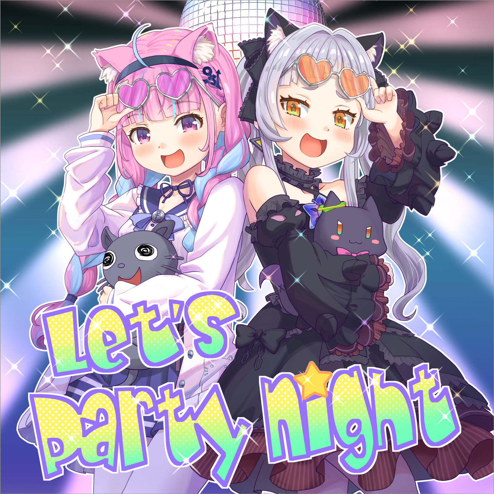 haniwa (leaf garden), minato aqua, minato aqua (sailor), murasaki shion, murasaki shion (gothic lolita), neko (minato aqua), shiokko (murasaki shion), hololive, commentary request, highres, 2girls, :d, adjusting eyewear, ahoge, anchor hair ornament, animal ear fluff, animal ears, bare shoulders, black dress, black sleeves, blue choker, blue hair, blue hairband, blue sailor collar, blue skirt, blue streaks, blunt bangs, blush, braid, braided twintails, cat ears, center frills, choker, cowboy shot, criss-cross halter, detached sleeves, diffraction spikes, disco ball, dress, english text, fanged bangs, frilled choker, frilled dress, frilled ribbon, frilled sailor collar, frills, gothic lolita, grey hair, hair ornament, hair ribbon, hairband, halter dress, halterneck, hand on eyewear, heart, heart-shaped eyewear, jacket, juliet sleeves, layered dress, lolita fashion, long hair, long sleeves, looking at viewer, miniskirt, multicolored hair, multiple girls, official alternate costume, official alternate hairstyle, open mouth, orange-tinted eyewear, pantyhose, pink-tinted eyewear, pink hair, pleated skirt, puffy sleeves, purple pantyhose, ribbon, ribbon choker, sailor collar, sailor shirt, shirt, short dress, short eyebrows, skirt, sleeveless, sleeveless dress, smile, sparkle, tinted eyewear, twin braids, twintails, two-tone hair, virtual youtuber, white jacket, white pantyhose, white shirt, yellow eyes