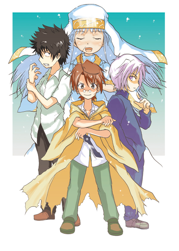 fate averruncus, index (toaru majutsu no index), kamijou touma, negi springfield, satou rina, mahou sensei negima!, toaru majutsu no index, 1girl, 3boys, cape, cloak, closed eyes, crossed arms, crossover, loafers, looking at viewer, multiple boys, nun, nun headdress, open mouth, pants, shoes, standing, veil, voice actor connection