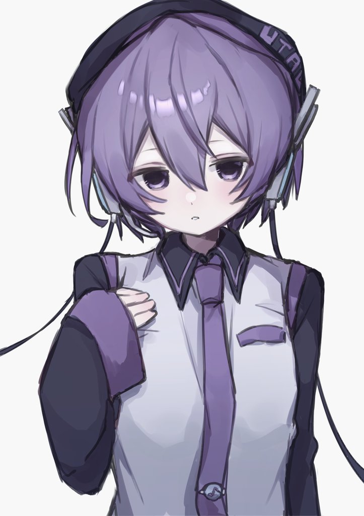 arazan (ara arazan24), utane uta, utau, hashtag-only commentary, 1girl, beret, black hat, black sleeves, collared shirt, contrast collar, copyright name, expressionless, eyes visible through hair, hair between eyes, hand on own chest, hat, headset, long sleeves, looking at viewer, necktie, purple eyes, purple hair, purple necktie, purple trim, robot ears, shirt, short hair, solo, tie clip, upper body, very short hair, white background, white shirt