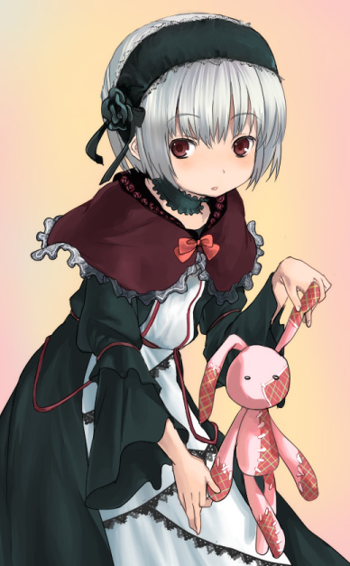 naname (danbooru maker), original, silver hair, 1girl, brown eyes, capelet, dress, female focus, gothic lolita, hairband, lolita fashion, rabbit, short hair, solo, stuffed animal, stuffed rabbit, stuffed toy