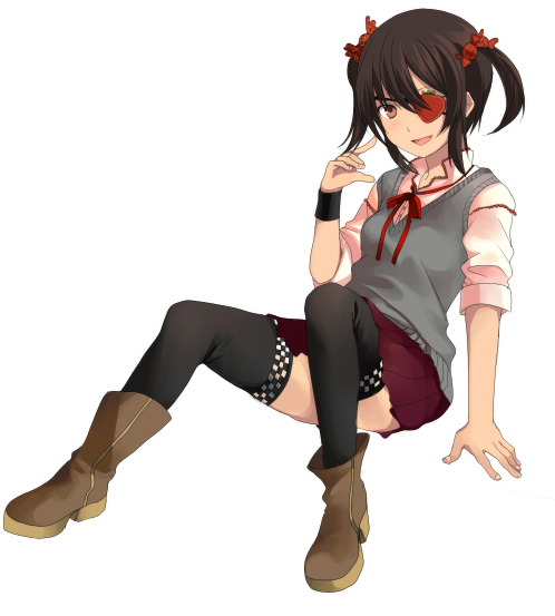 naname (danbooru maker), original, 1girl, boots, brown eyes, brown hair, eyepatch, female focus, food, fruit, legs, short hair, short twintails, sidelocks, sitting, skirt, solo, strawberry, thighhighs, twintails, wristband, zettai ryouiki