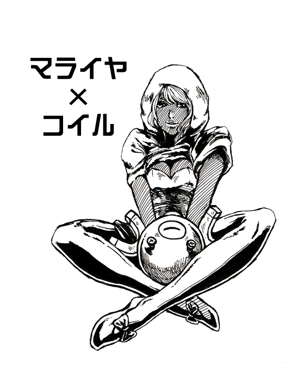 iu, magnemite, mariah (jojo), jojo no kimyou na bouken, nintendo, pokemon, bad id, bad pixiv id, 1girl, breasts, cleavage, crossover, dark-skinned female, dark skin, gen 1 pokemon, greyscale, hood, medium breasts, monochrome, pokemon (creature), sitting, smile