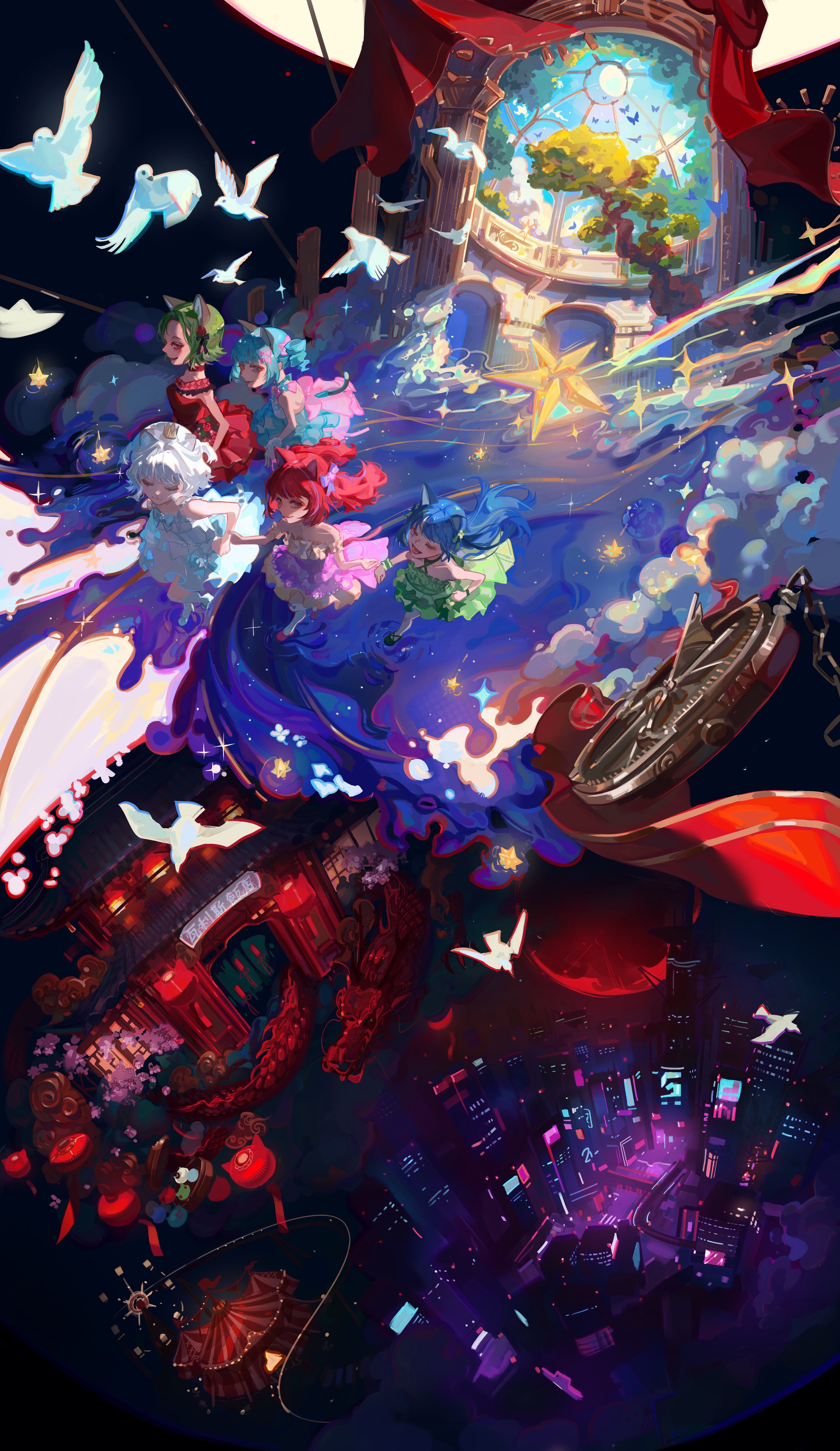 renzeanue, chino (valis), myu (valis), neffy (valis), rara (valis), kamitsubaki studio, sinsekai record, valis (sinsekai), highres, tagme, 5girls, animal ear fluff, animal ears, bird, blue hair, cat ears, cat girl, cat tail, circus, city, cityscape, dress, full body, green hair, looking at viewer, multiple girls, outdoors, pigeon, red hair, short hair, star (symbol), tail, white hair