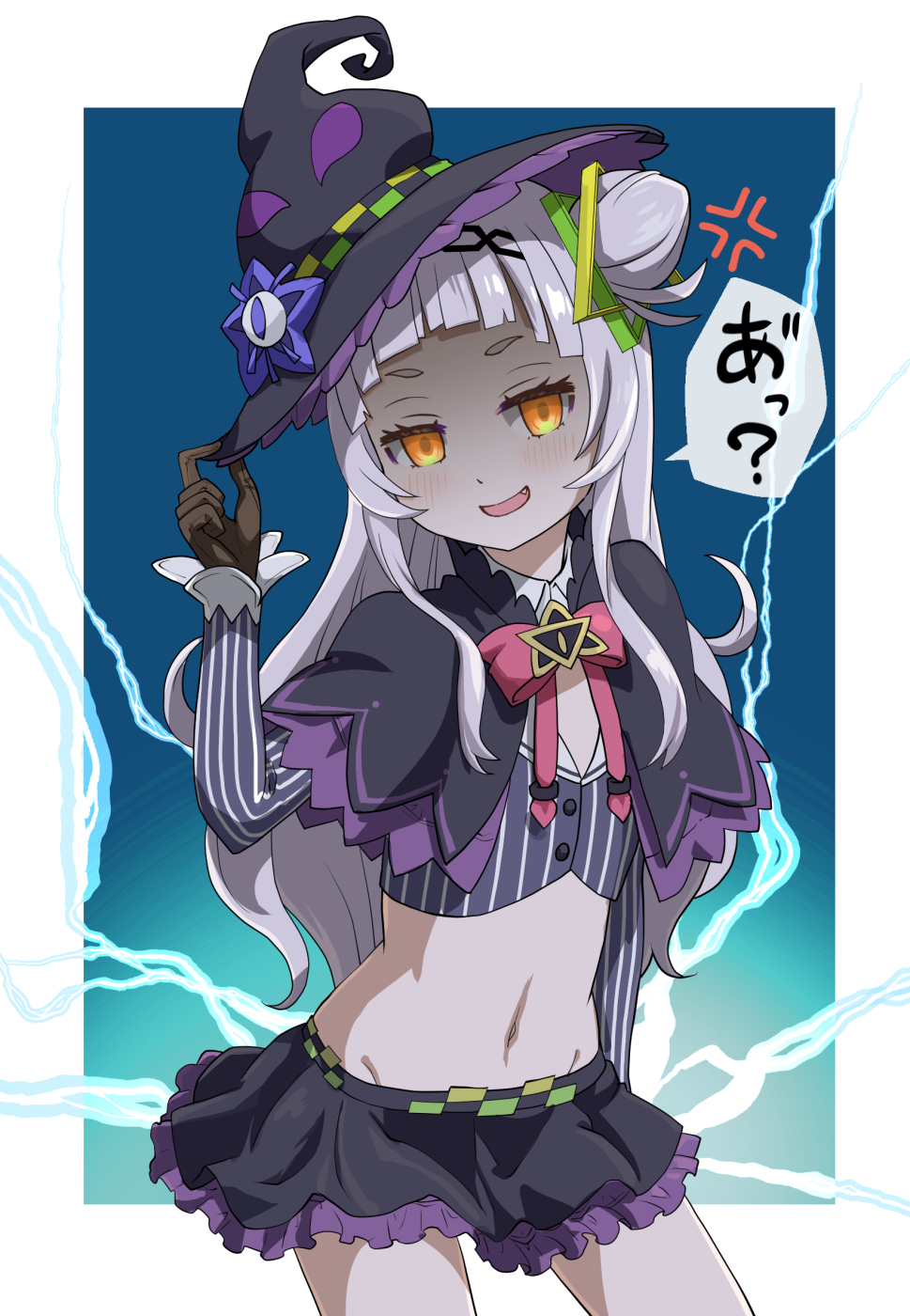 haniwa (leaf garden), murasaki shion, murasaki shion (1st costume), hololive, commentary request, highres, 1girl, adjusting clothes, adjusting headwear, anger vein, arched bangs, black capelet, black gloves, black hat, black skirt, blush, bow, bowtie, brooch, capelet, cone hair bun, cropped shirt, fang, gloves, glowing, glowing eyes, grey hair, grey shirt, groin, hair bun, hairband, hand on headwear, hat, hexagram hair ornament, jewelry, layered capelet, lightning background, linea alba, long hair, long sidelocks, long sleeves, looking at viewer, lowleg, lowleg skirt, microskirt, midriff, navel, open mouth, outside border, pink bow, pink bowtie, purple capelet, shaded face, shirt, short eyebrows, side up bun, sidelocks, single side bun, skirt, solo, striped clothes, striped shirt, tilted headwear, v-shaped eyebrows, vertical-striped clothes, vertical-striped shirt, virtual youtuber, witch, witch hat, yellow eyes