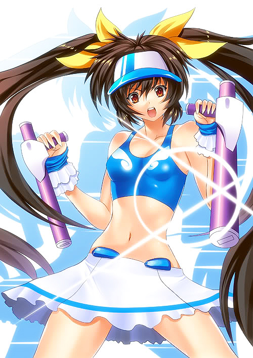 un4lord, hasumi eri, vanguard princess, visor, 1girl, bow, brown hair, female focus, fingerless gloves, gloves, long hair, midriff, miniskirt, navel, open mouth, orange eyes, red eyes, skirt, solo, thai text, tonfa, twintails, visor cap, weapon, yellow bow