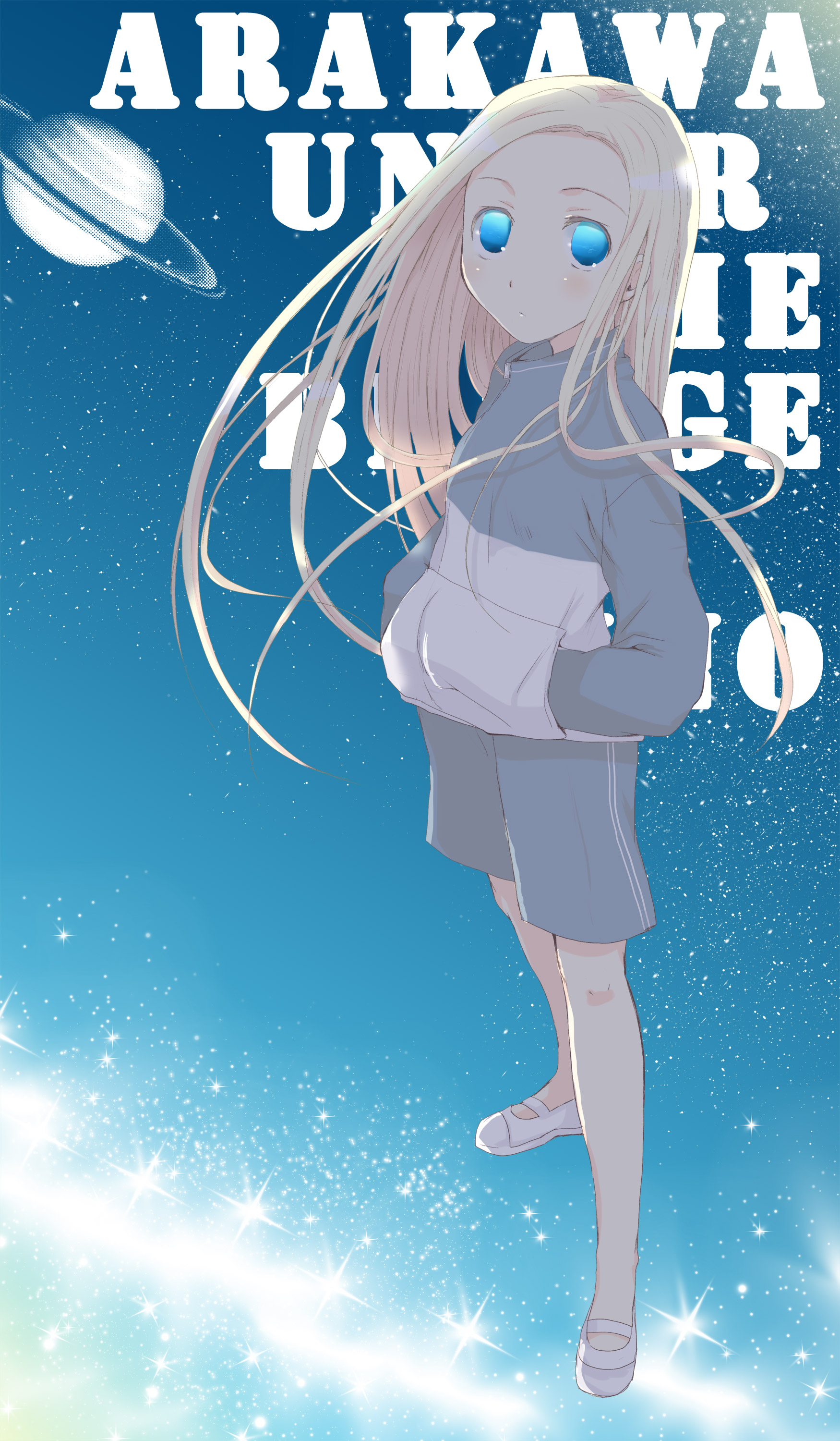 kayune niu, nino (arakawa), arakawa under the bridge, absurdres, highres, blonde hair, blue eyes, hand in pocket, jacket, long hair, shoes, shorts, solo, uwabaki