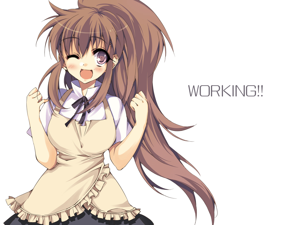 anapom, taneshima popura, working!!, bad id, bad pixiv id, 1girl, apron, blush, brown eyes, brown hair, female focus, long hair, one eye closed, ponytail, smile, solo, waitress, wink