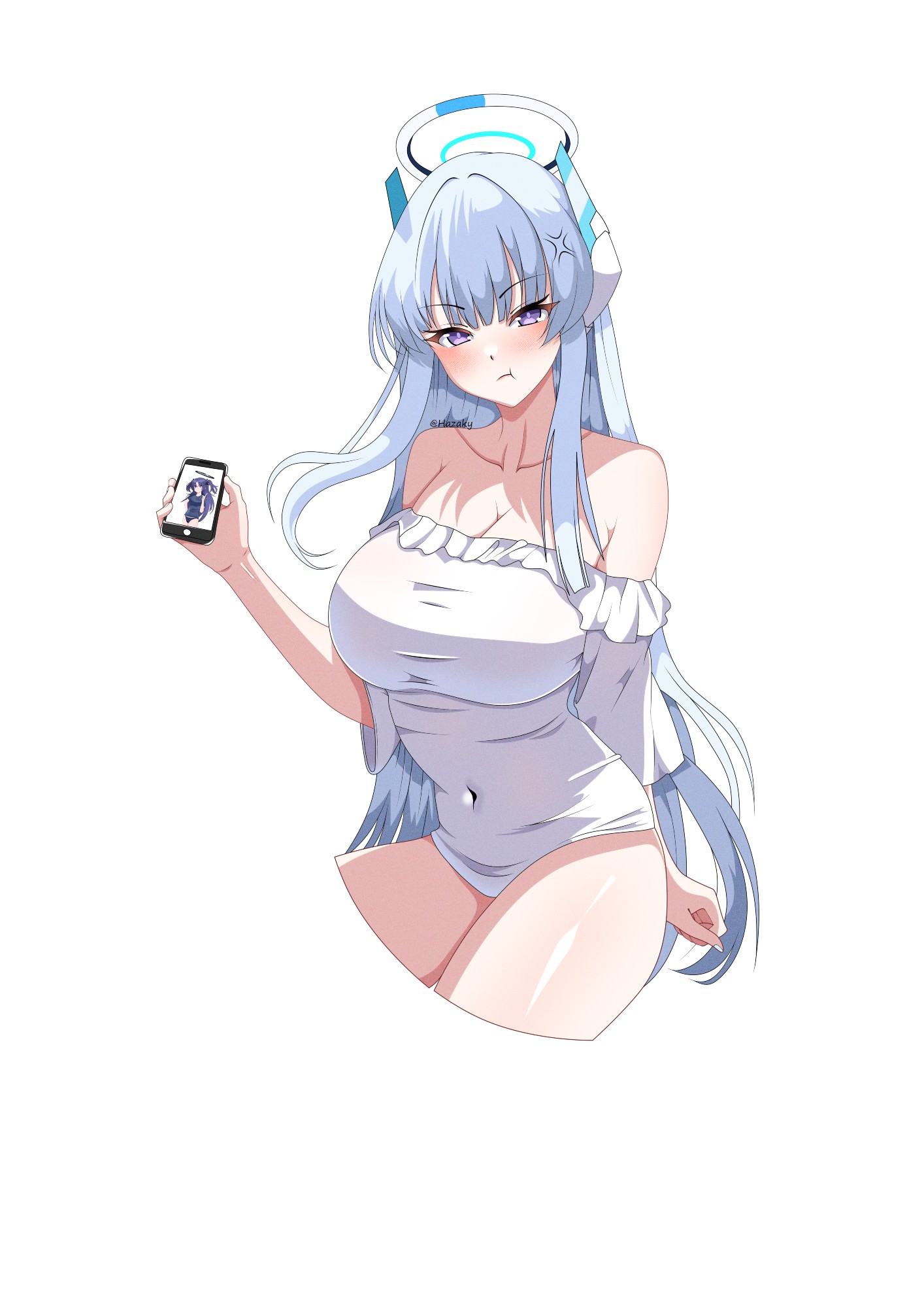 hazaky, noa (blue archive), yuuka (blue archive), blue archive, commentary, english commentary, highres, 2girls, anger vein, bare shoulders, blush, breasts, cellphone, cleavage, collarbone, dress, halo, headgear, large breasts, long hair, looking at viewer, mechanical halo, multiple girls, phone, pout, purple eyes, purple hair, smartphone, twitter username, very long hair, white dress, white hair, white halo