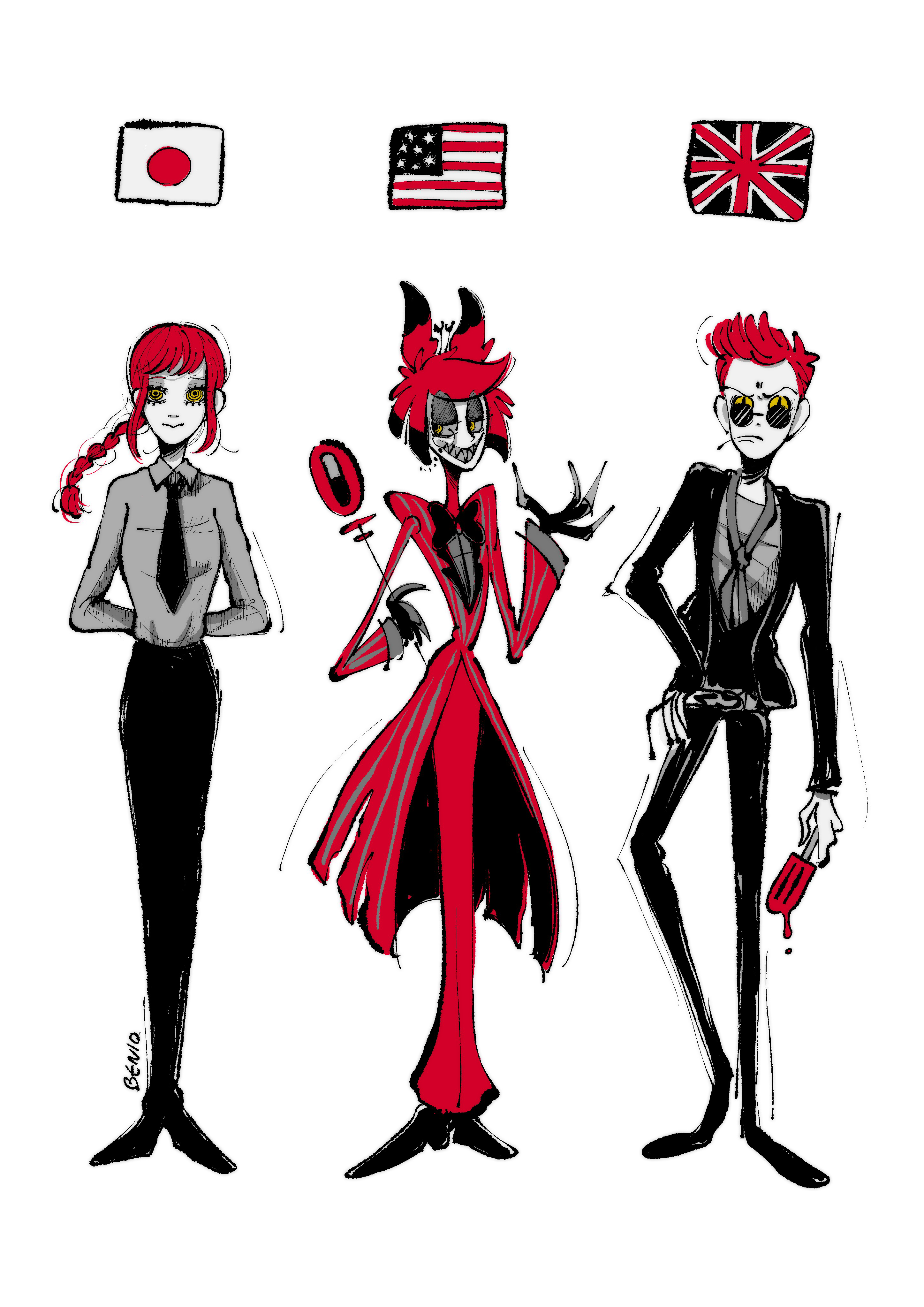 alastor (hazbin hotel), crowley (good omens), makima (chainsaw man), chainsaw man, good omens, hazbin hotel, hellaverse, absurdres, commentary request, highres, 1girl, 2boys, american flag, animal ears, arms behind back, benio (popopo2017), black necktie, black pants, black shoes, braid, coat, deer ears, food, full body, hand on own hip, holding, holding food, holding popsicle, holding staff, japanese flag, limited palette, long legs, monocle, multiple boys, necktie, pants, popsicle, red coat, red hair, red pants, ringed eyes, sharp teeth, shoes, staff, sunglasses, teeth, trait connection, union jack, yellow eyes