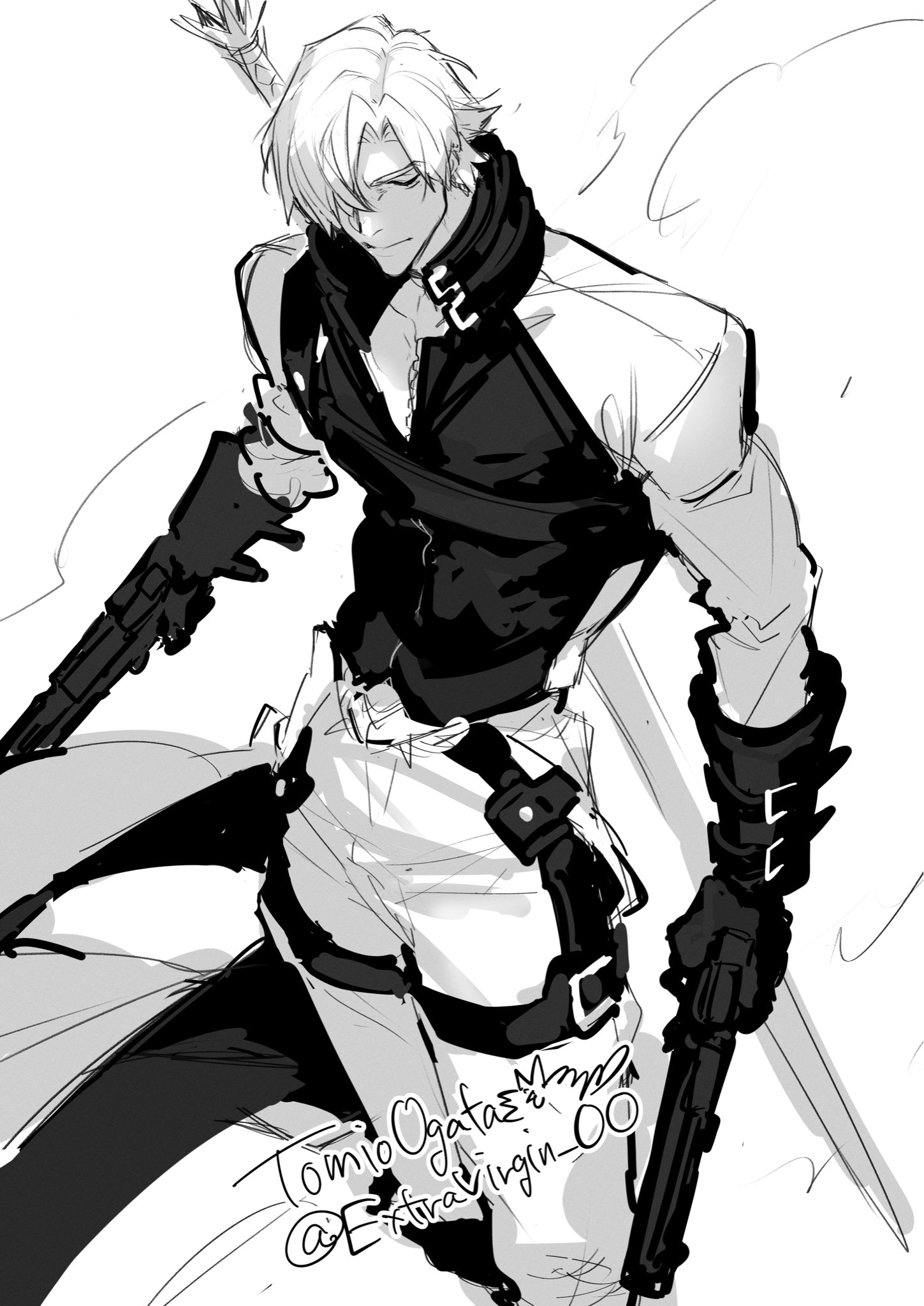 ogata tomio, dante (devil may cry), rebellion (sword), devil may cry, devil may cry (series), devil may cry 2, highres, 1boy, belt, black gloves, closed mouth, coat, ebony & ivory, gloves, greyscale, holding, holding weapon, male focus, manly, monochrome, pants, red coat, simple background, solo, standing, sword, weapon, white background, white hair