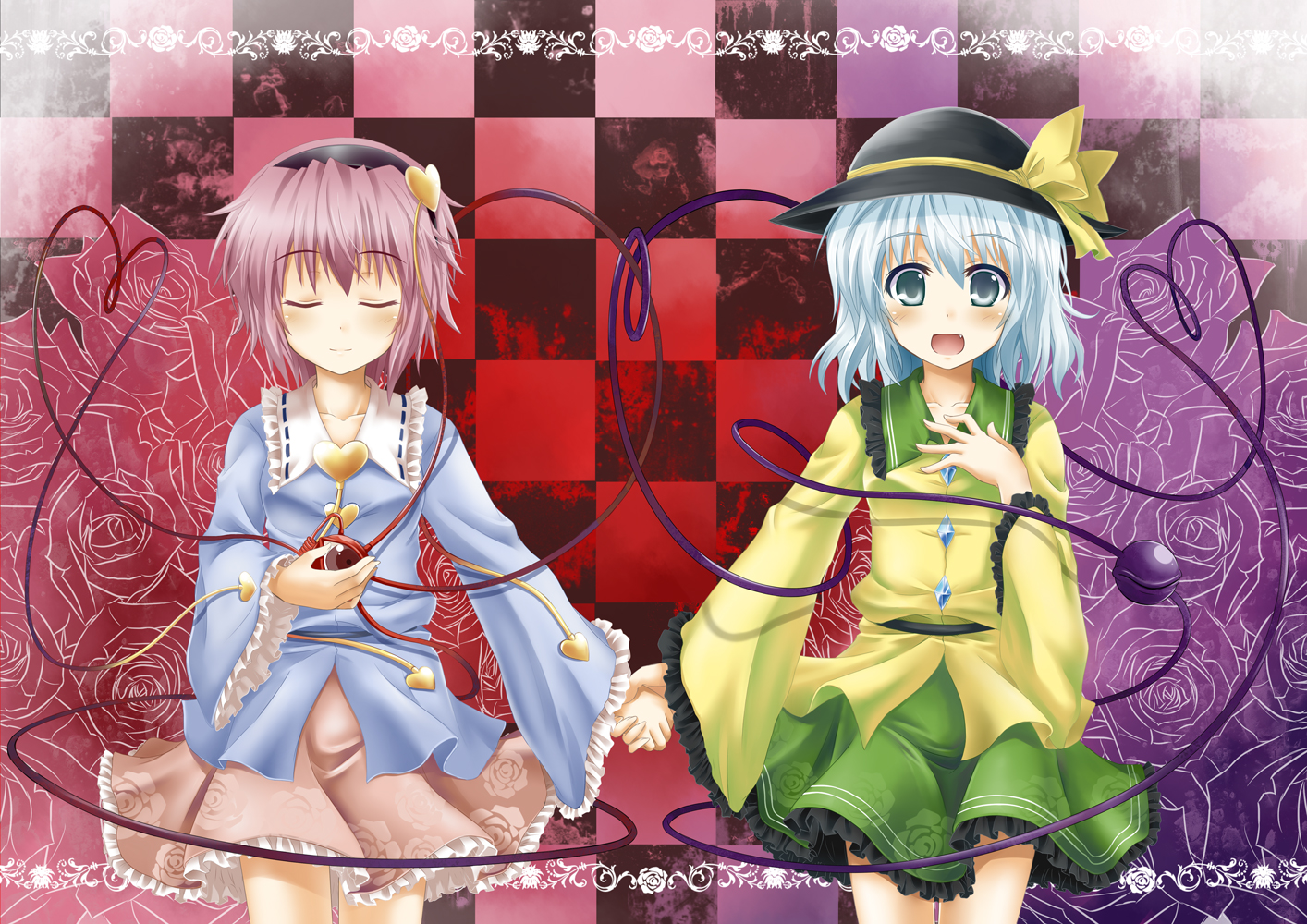 okitakung, komeiji koishi, komeiji satori, touhou, 2girls, female focus, holding hands, multiple girls, siblings, sisters