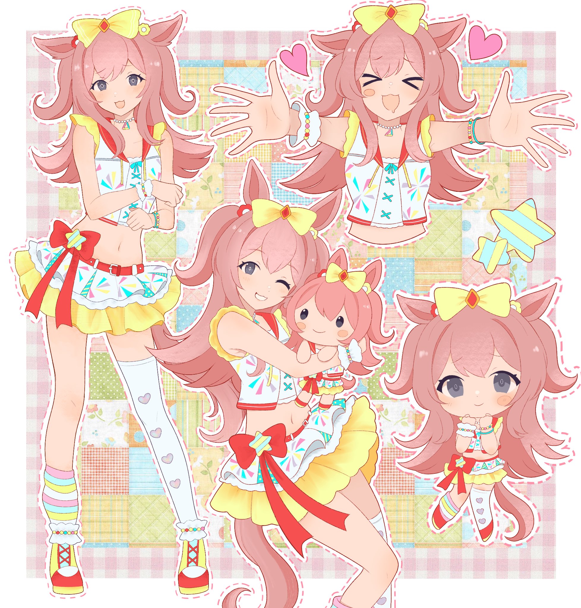 agnes digital (full-color fangirling) (umamusume), agnes digital (umamusume), umamusume, commentary, english commentary, highres, > <, 1girl, :3, animal ears, ankle cuffs, asymmetrical legwear, bead bracelet, bead necklace, beads, belt, belt buckle, blush, blush stickers, border, bow, bracelet, buckle, character cutout, character doll, chibi, chibi inset, clenched hands, closed mouth, colored skin, colorful background, contrapposto, crop top, cropped torso, doll, dotted line, double-parted bangs, drooling, facing viewer, feet out of frame, frilled shirt, frills, grey eyes, grin, hair bow, hand on own arm, hands up, heart, heart print, horse ears, horse girl, horse tail, hugging doll, hugging object, incoming hug, jewelry, kneehighs, knees together feet apart, layered skirt, leaning back, long hair, looking at viewer, midriff, miniskirt, mouth drool, multicolored shoes, multicolored skirt, multicolored socks, multiple views, navel, necklace, one eye closed, open hands, open mouth, outline, outside border, pink hair, plaid background, pleated skirt, pweasy, reaching, reaching towards viewer, red belt, red bow, scrunchie, shirt, single blush sticker, single kneehigh, single sock, single thighhigh, single wrist cuff, skirt, sleeveless, sleeveless shirt, smile, socks, solid oval eyes, standing, star (symbol), star ornament, striped clothes, striped socks, tail, thighhighs, two side up, uneven legwear, white border, white outline, white skin, white thighhighs, wrist cuffs, yellow bow, yellow skirt