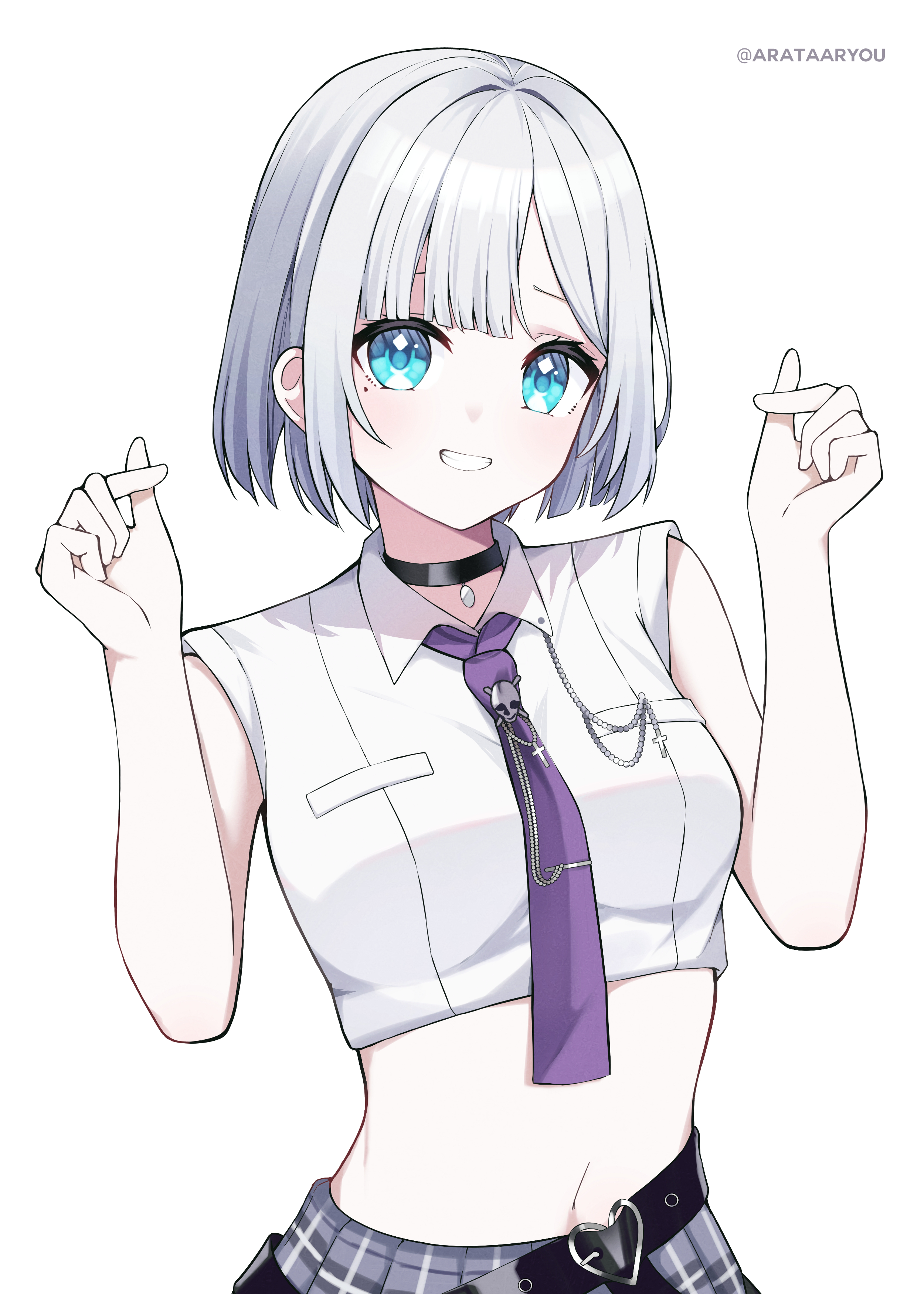 arata ryou, kaga sumire, kaga sumire (2nd costume), vspo!, absurdres, commentary request, highres, 1girl, artist name, belt, black belt, black choker, blue eyes, buckle, chain, choker, collared shirt, cropped shirt, finger heart, grey hair, grey skirt, hands up, heart, heart-shaped buckle, looking at viewer, midriff, navel, necktie, parted lips, pendant choker, plaid clothes, plaid skirt, pleated skirt, purple necktie, shirt, short sleeves, simple background, skirt, smile, solo, square-end necktie, tie clip, upper body, virtual youtuber, white background, white shirt