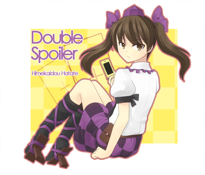 jenevan, himekaidou hatate, double spoiler, touhou, bad id, bad pixiv id, 1girl, brown eyes, brown hair, cellphone, character name, copyright name, female focus, geta, hat, long hair, phone, solo, tengu-geta, tokin hat, twintails