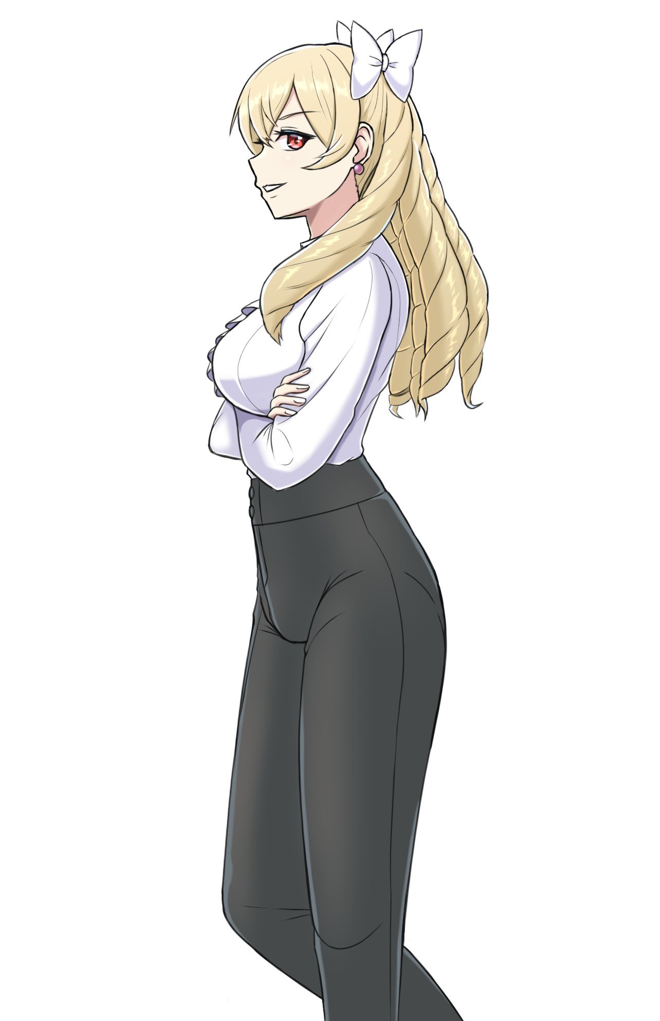 selhelm, maribelle (fire emblem), fire emblem, fire emblem awakening, nintendo, commentary, english commentary, highres, 1girl, arms under breasts, black pants, blonde hair, bow, breasts, contemporary, crossed arms, dress shirt, drill hair, earrings, from side, high-waist pants, jewelry, large breasts, long hair, looking at viewer, pants, red eyes, shirt, smile, white bow, white shirt