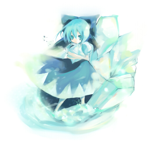 pochi-t, cirno, embodiment of scarlet devil, touhou, 1girl, aqua eyes, aqua hair, dress, female focus, hair between eyes, ice, pinafore dress, sleeveless, sleeveless dress, solo
