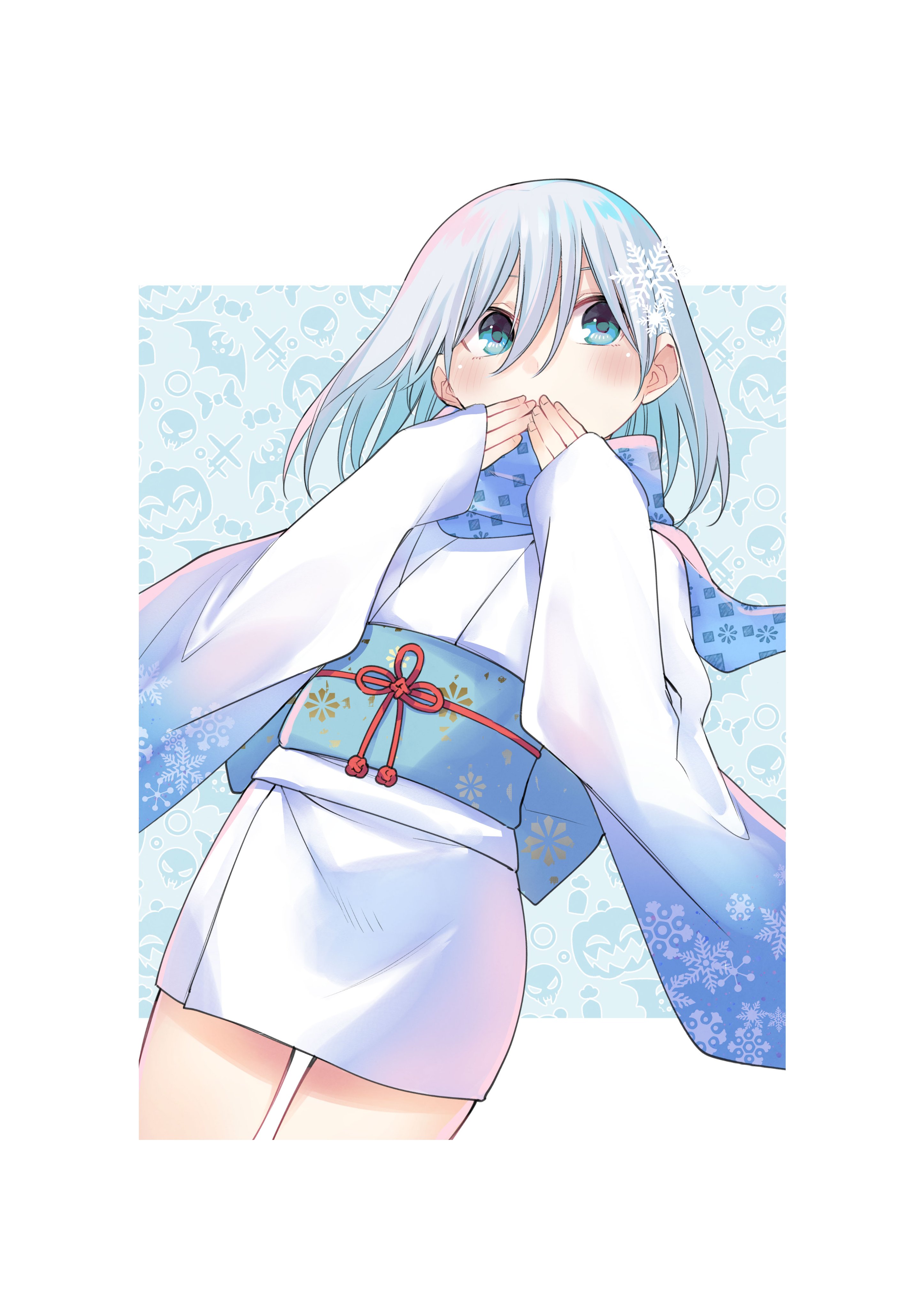 marcey, amagami asahi, amagami-san chi no enmusubi, absurdres, commentary request, highres, 1girl, blue eyes, blue hair, blue sash, blue scarf, border, breasts, covering own mouth, halloween, japanese clothes, kimono, medium breasts, obi, sash, scarf, short kimono, snowflake print, solo, white border, white kimono