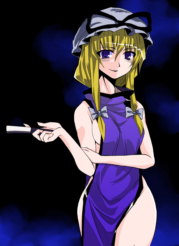 fuantei, yakumo yukari, touhou, bad id, bad pixiv id, 1girl, blonde hair, bow, breasts, dress, female focus, gradient background, hair bow, hat, naked tabard, purple eyes, solo, tabard