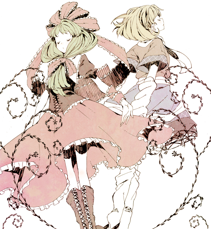 abara heiki, kagiyama hina, mizuhashi parsee, touhou, 2girls, arm warmers, blonde hair, boots, closed eyes, corset, dress, female focus, frills, green hair, hair ribbon, long hair, multiple girls, profile, ribbon, scarf, short hair, short sleeves, simple background, socks