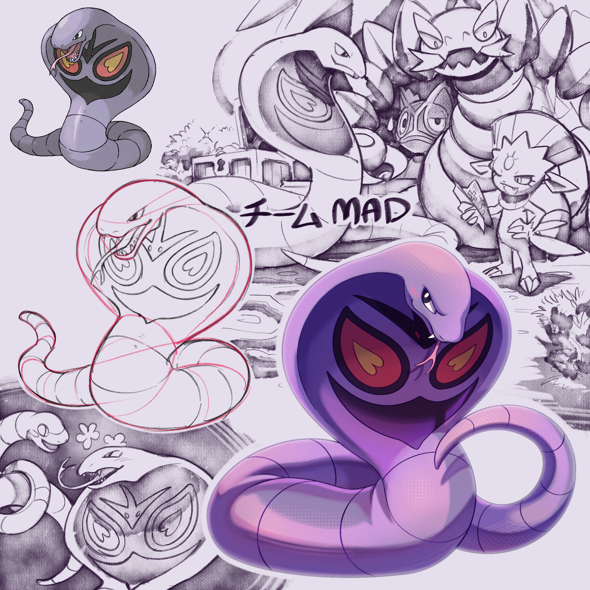 shoupitsuki, arbok, drapion, ekans, kecleon, weavile, nintendo, pokemon, pokemon mystery dungeon, pokemon mystery dungeon: explorers of time/darkness/sky, commentary request, highres, black eyes, bright pupils, cobra (animal), fangs, forked tongue, gen 1 pokemon, gen 3 pokemon, gen 4 pokemon, map, pokemon (creature), snake, tongue, treasure chest, white pupils
