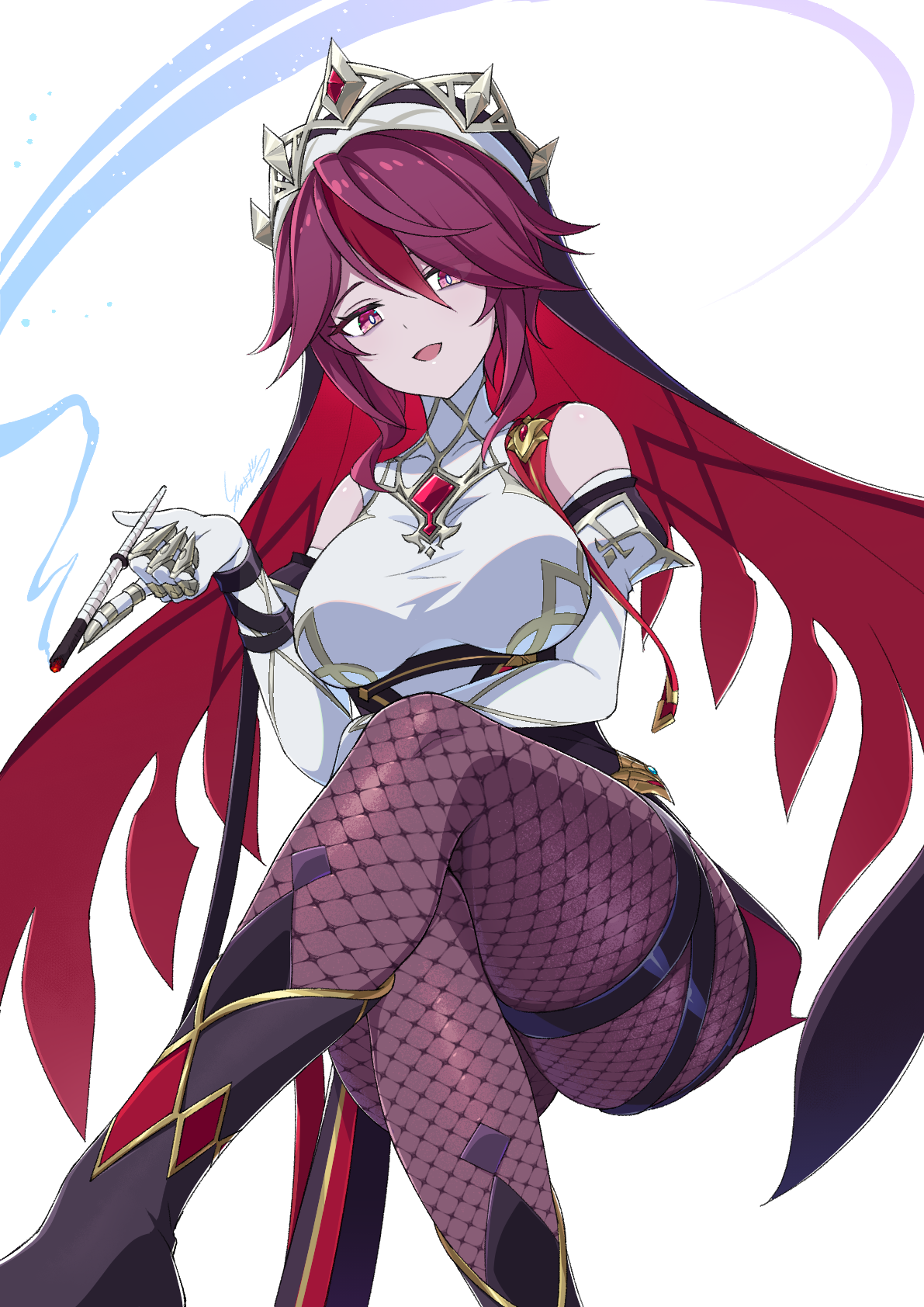 kamuraaa 615, rosaria (genshin impact), genshin impact, commentary request, highres, 1girl, black shoes, breasts, cigarette, cigarette holder, claw ring, crossed legs, elbow gloves, feet out of frame, fishnet pantyhose, fishnets, gloves, hair between eyes, holding, holding cigarette, invisible chair, large breasts, looking at viewer, nun headdress, open mouth, pale skin, pantyhose, purple eyes, purple hair, shirt, shoes, short hair, sitting, sleeveless, sleeveless turtleneck, smile, smoke, smoke trail, solo, thigh strap, turtleneck, white background, white gloves, white shirt