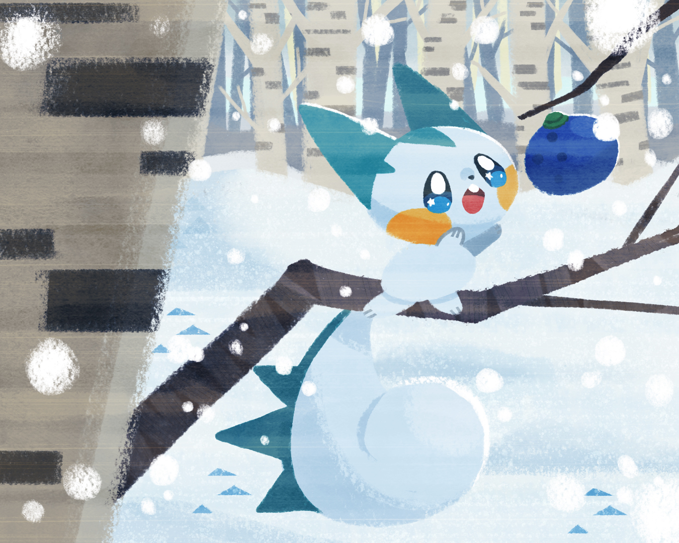 naco oekaki, pachirisu, nintendo, pokemon, commentary request, animal focus, berry (pokemon), blue eyes, food, fruit, full body, gen 4 pokemon, in tree, no humans, open mouth, oran berry, outdoors, pokemon (creature), pokemon focus, snow, snowing, solo, star (symbol), star in eye, symbol in eye, teeth, tree, upper teeth only