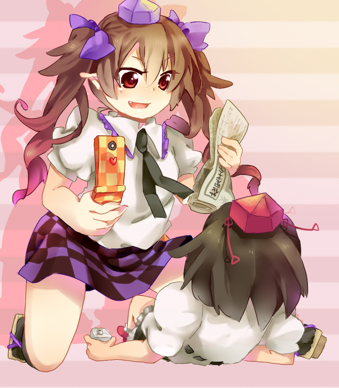 soiri (us), himekaidou hatate, shameimaru aya, double spoiler, touhou, 2girls, black hair, brown hair, camera, cellphone, checkered clothes, checkered skirt, female focus, geta, hat, multiple girls, necktie, phone, pointy ears, red eyes, short hair, skirt, square-end necktie, tengu-geta, tokin hat, twintails