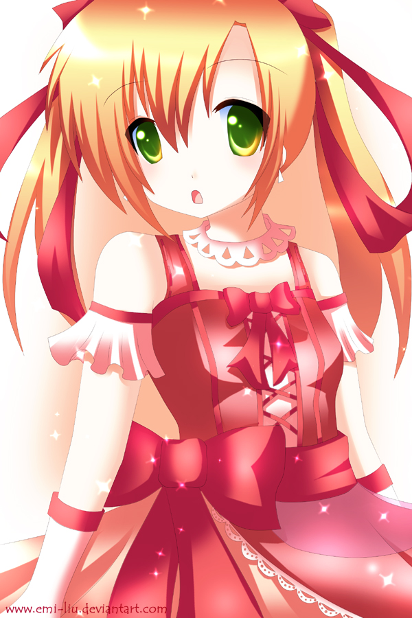 emi-liu, bad deviantart id, bad id, 1girl, bare shoulders, blonde hair, female focus, green eyes, long hair, solo, twintails, watermark