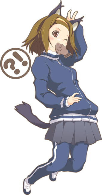 akaho sakura, tainaka ritsu, k-on!, bad id, bad pixiv id, !?, 1girl, animal ears, brown eyes, brown hair, cat ears, cat girl, cat tail, female focus, food, full body, hairband, kemonomimi mode, mouth hold, one eye closed, short hair, simple background, skirt, solo, tail, taiyaki, track suit, wagashi, white background, wink