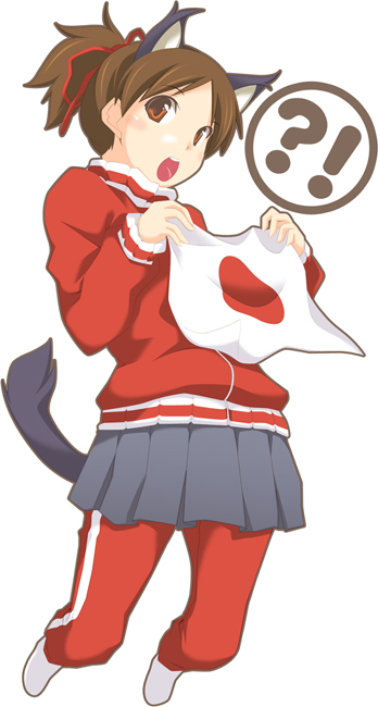 akaho sakura, hirasawa ui, k-on!, bad id, bad pixiv id, !?, 1girl, animal ears, brown eyes, brown hair, cat ears, cat girl, cat tail, female focus, flag, full body, japan, japanese flag, ponytail, short hair, simple background, skirt, solo, tail, track suit, white background