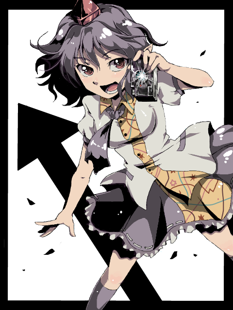 waya, shameimaru aya, touhou, 1girl, black hair, black skirt, black socks, camera, collared shirt, female focus, frilled skirt, frills, hat, kneehighs, leaf print, looking at viewer, open mouth, puffy sleeves, red eyes, shirt, short hair, short sleeves, skirt, smile, socks, solo, tokin hat, white shirt