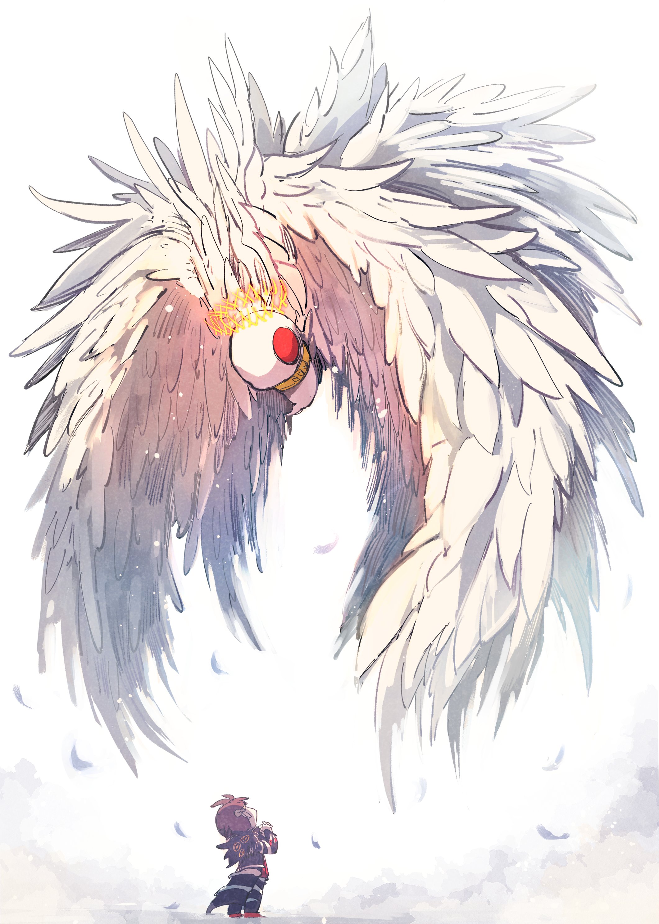 sabaage, employee (project moon), nugget (project moon), whitenight (project moon), lobotomy corporation, project moon, absurdres, highres, 1boy, 666, angel wings, black jacket, black pants, collar, creature, dust cloud, e.g.o (project moon), feathers, gold halo, halo, hands up, jacket, light particles, looking at creature, looking up, metal collar, multiple wings, oversized wings, own hands clasped, own hands together, pants, red eyes, red hair, seraph, simple background, spiked halo, standing, twilight (e.g.o), white background, white feathers, white wings, wide shot, wings