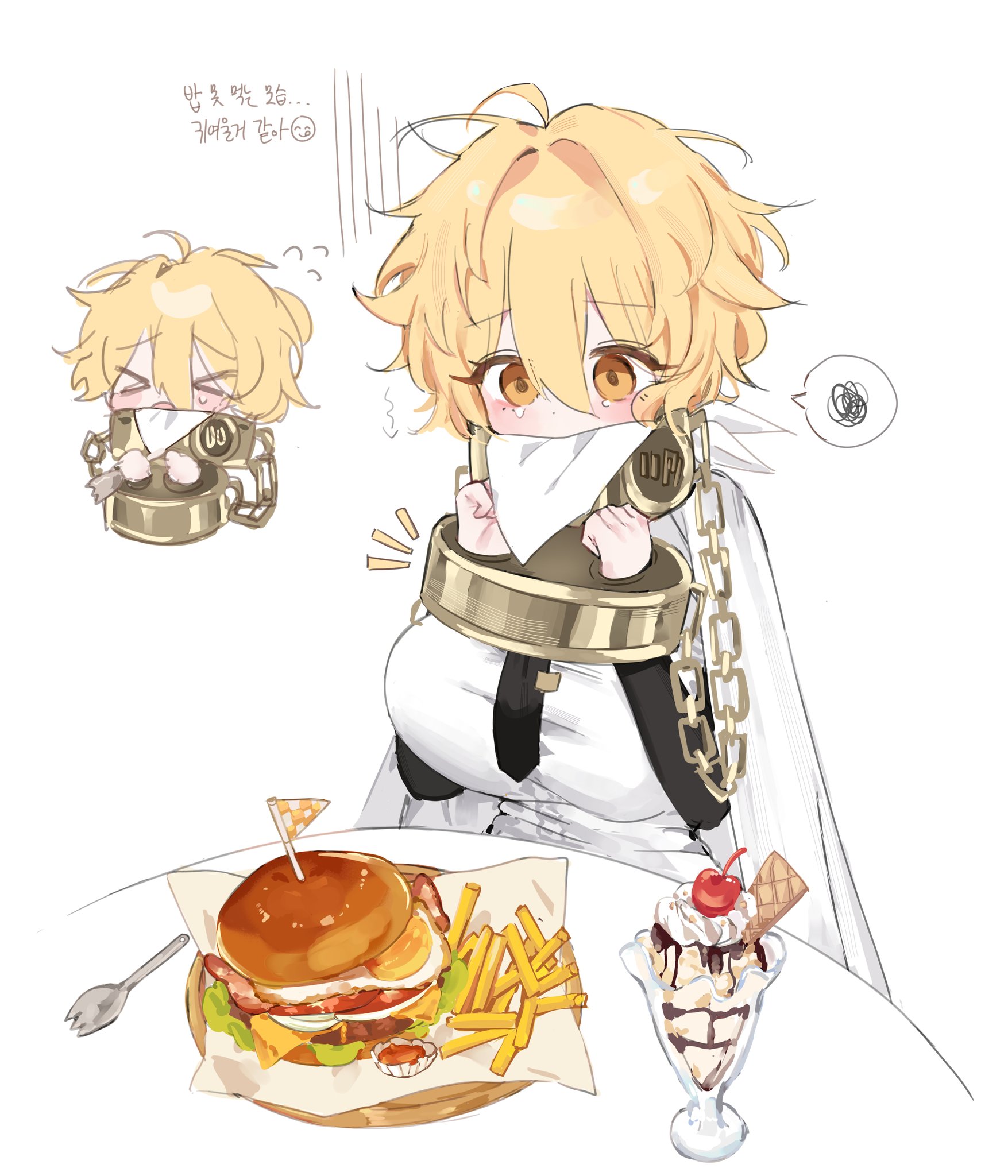 a73398190, don quixote (project moon), limbus company, project moon, highres, translation request, 1girl, black necktie, black sleeves, blonde hair, blush, bound, bound wrists, breasts, burger, chained wrists, checkered flag, cherry, chibi, chibi inset, cloak, collar, dot nose, double-parted bangs, flag, food, french fries, fruit, hair between eyes, hands up, ice cream, index (identity) (project moon), ketchup, korean text, large breasts, looking at food, looking down, messy hair, metal collar, mouth hold, napkin, necktie, notice lines, orange eyes, plate, shirt, short hair, simple background, solo, spoken squiggle, spork, squiggle, sundae, table, tie clip, white background, white cloak, white shirt