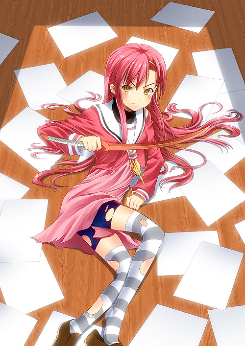un4lord, katsura hinagiku, hayate no gotoku!, bike shorts, blouse, bokken, brown shoes, hair between eyes, hairband, long hair, masamune bokken, neckerchief, paper, pink hair, pink shirt, school uniform, serafuku, shirt, shoe dangle, shoes, solo, striped clothes, striped thighhighs, sword, thai text, thighhighs, torn bike shorts, torn clothes, torn neckerchief, torn thighhighs, weapon, wooden sword, yellow eyes, yellow neckerchief